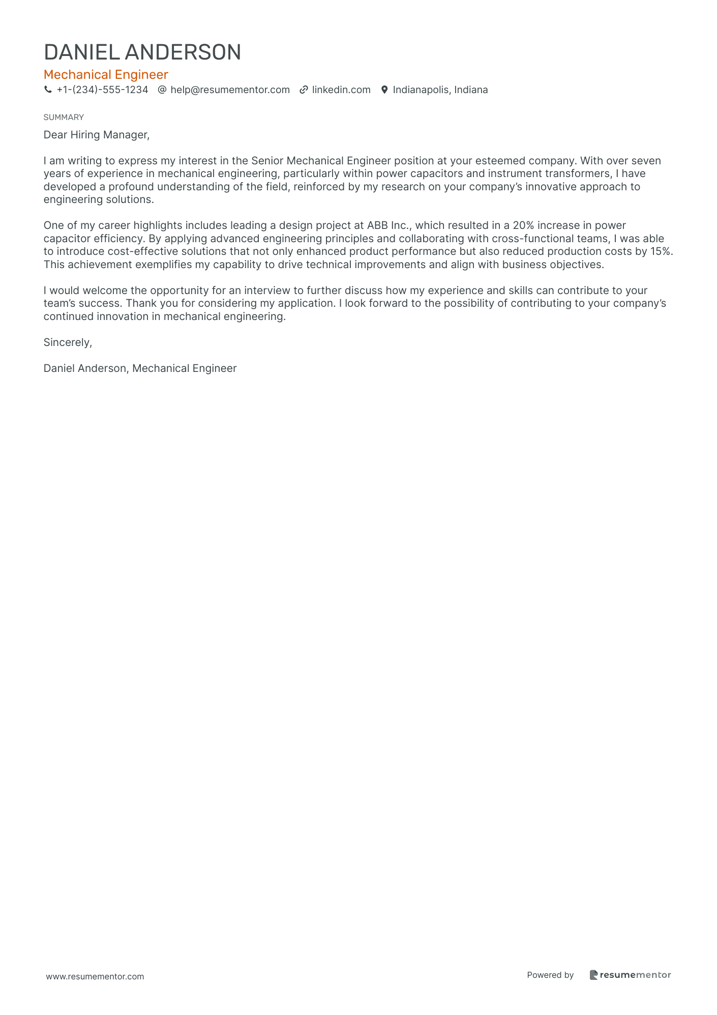 Engineering Cover Letter Examples by ResumeMentor.com - Professional ...