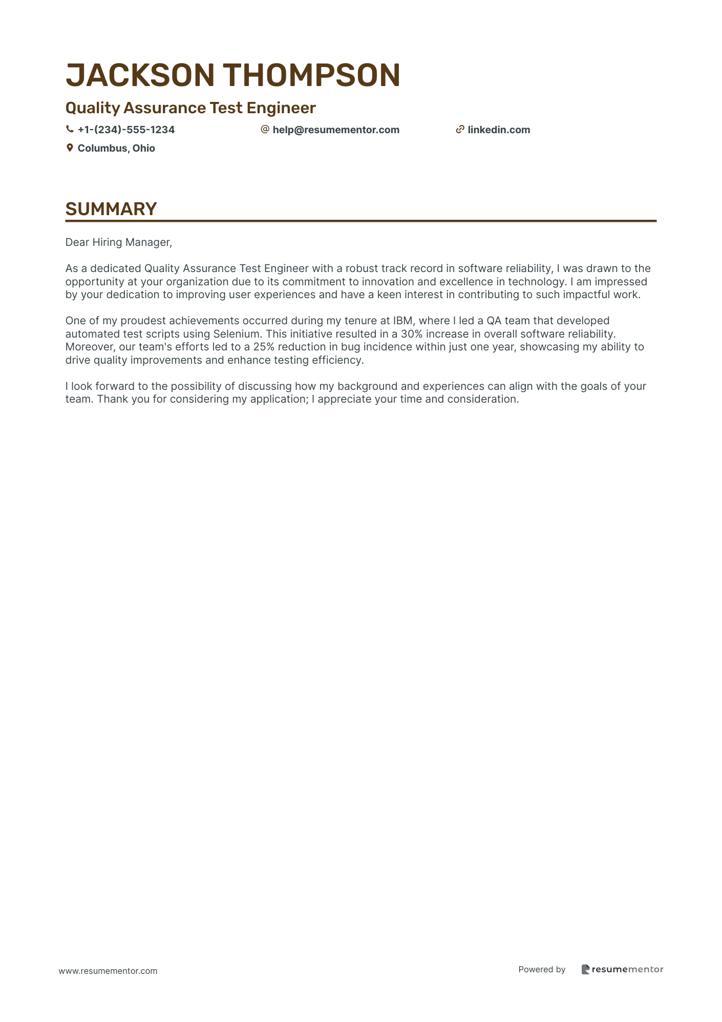 Test Engineer Cover Letter Examples by ResumeMentor.com - Professional ...