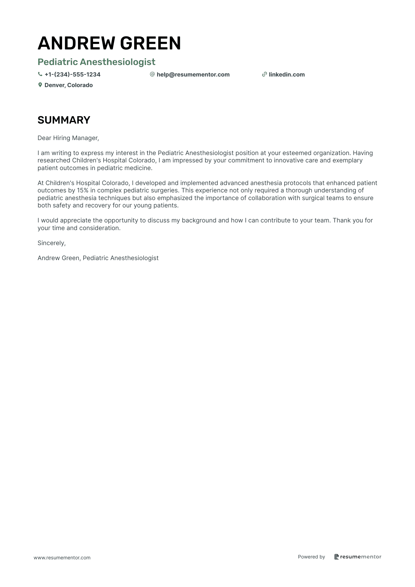 Anesthesiologist Cover Letter Examples by ResumeMentor.com ...