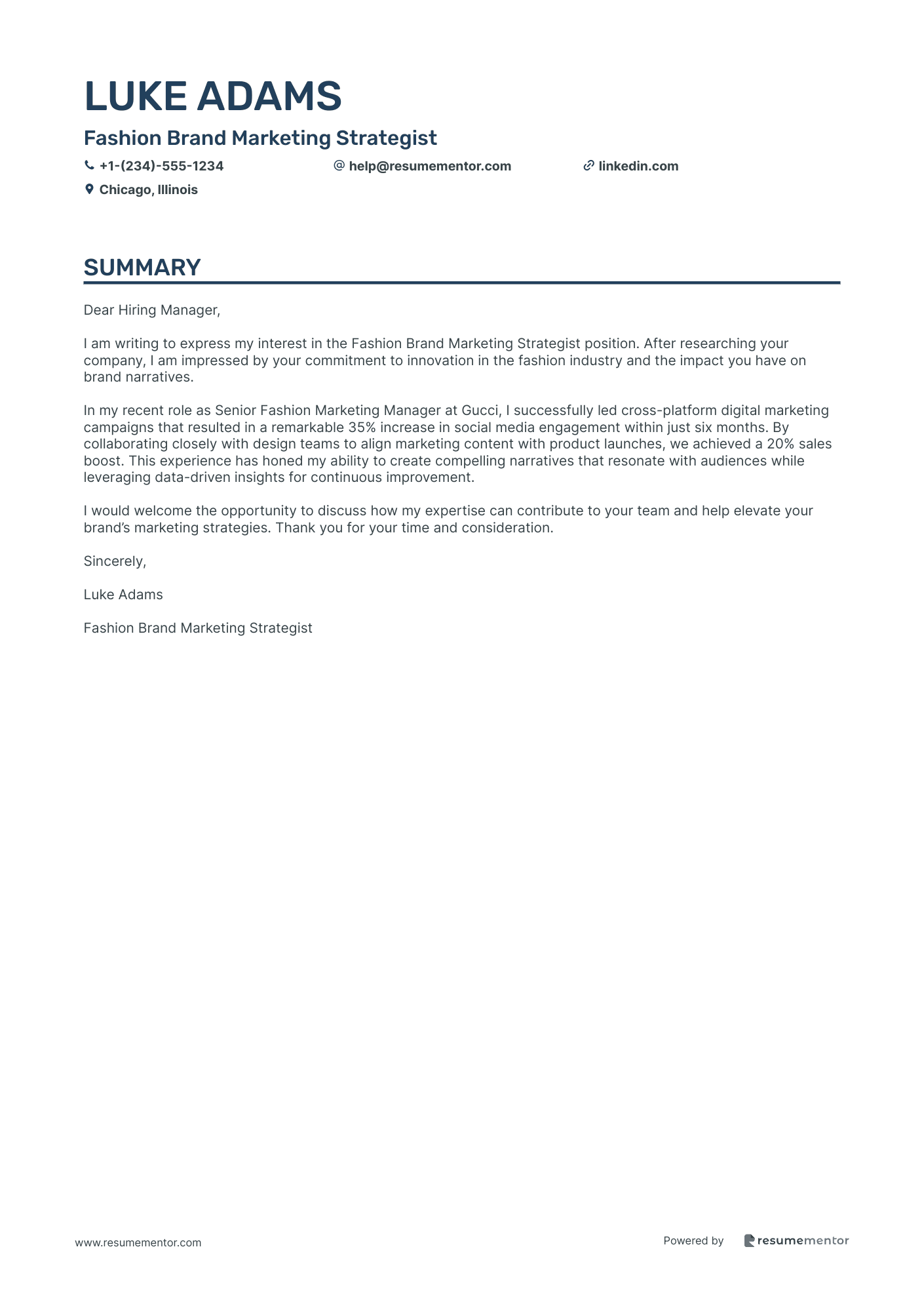 Fashion Marketing Cover Letter Examples by ResumeMentor.com ...