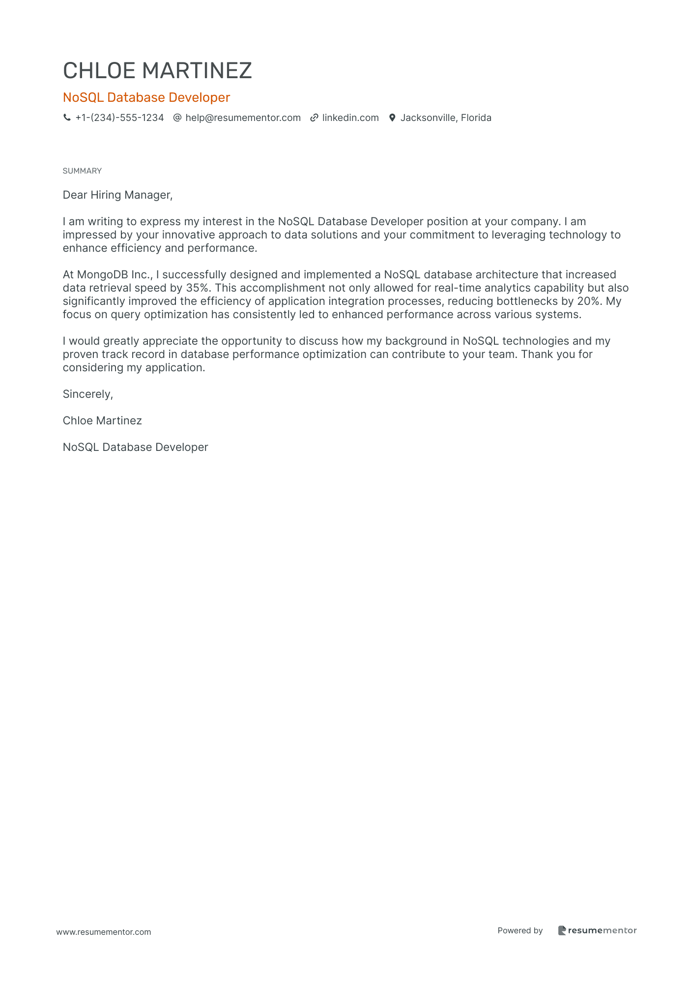 Database Developer Cover Letter Examples by ResumeMentor.com ...