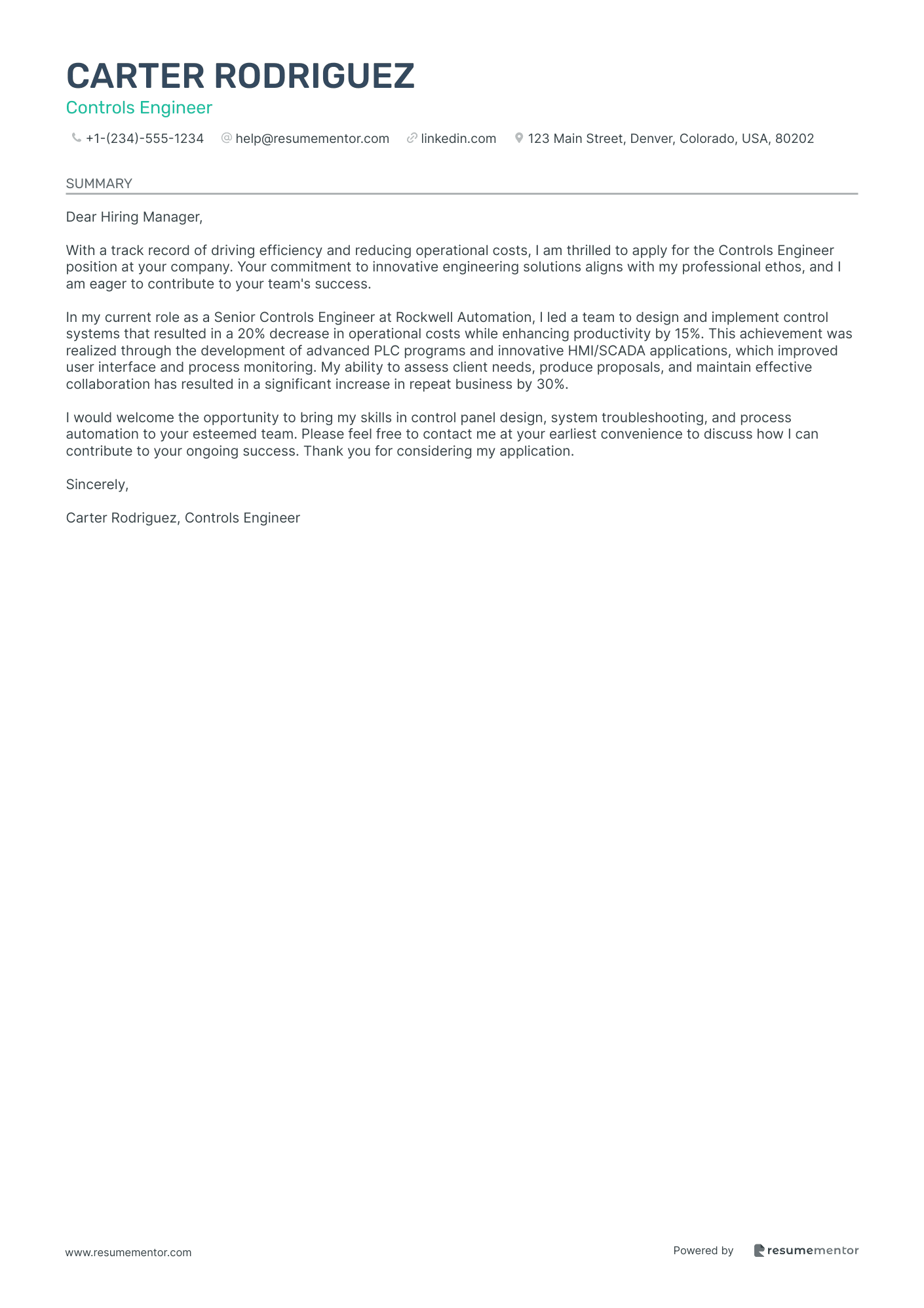 Engineering Cover Letter Examples by ResumeMentor.com - Professional ...