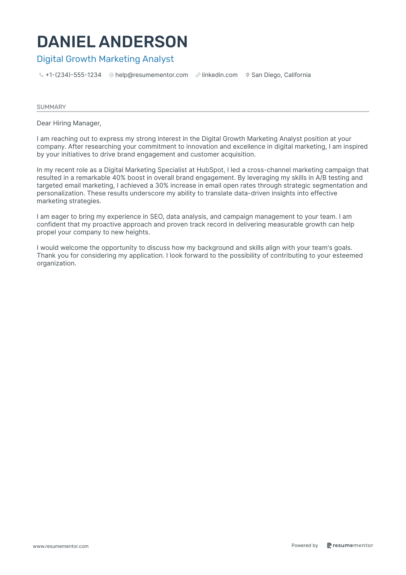 Growth Marketing Cover Letter Examples by ResumeMentor.com ...