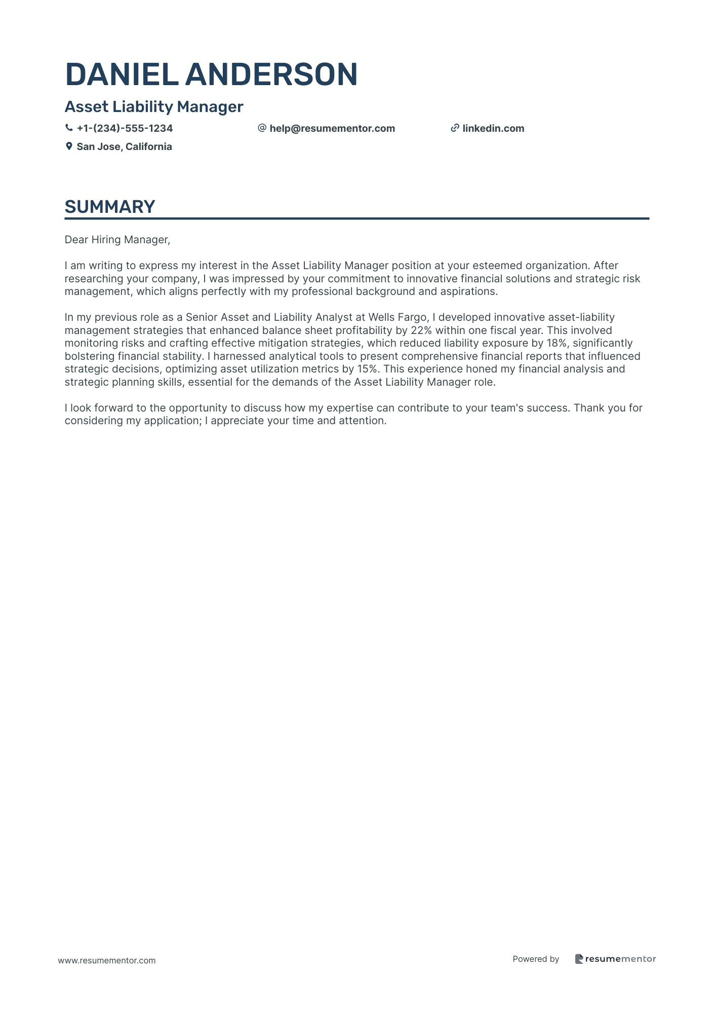 Asset Manager Cover Letter Examples by ResumeMentor.com - Professional ...