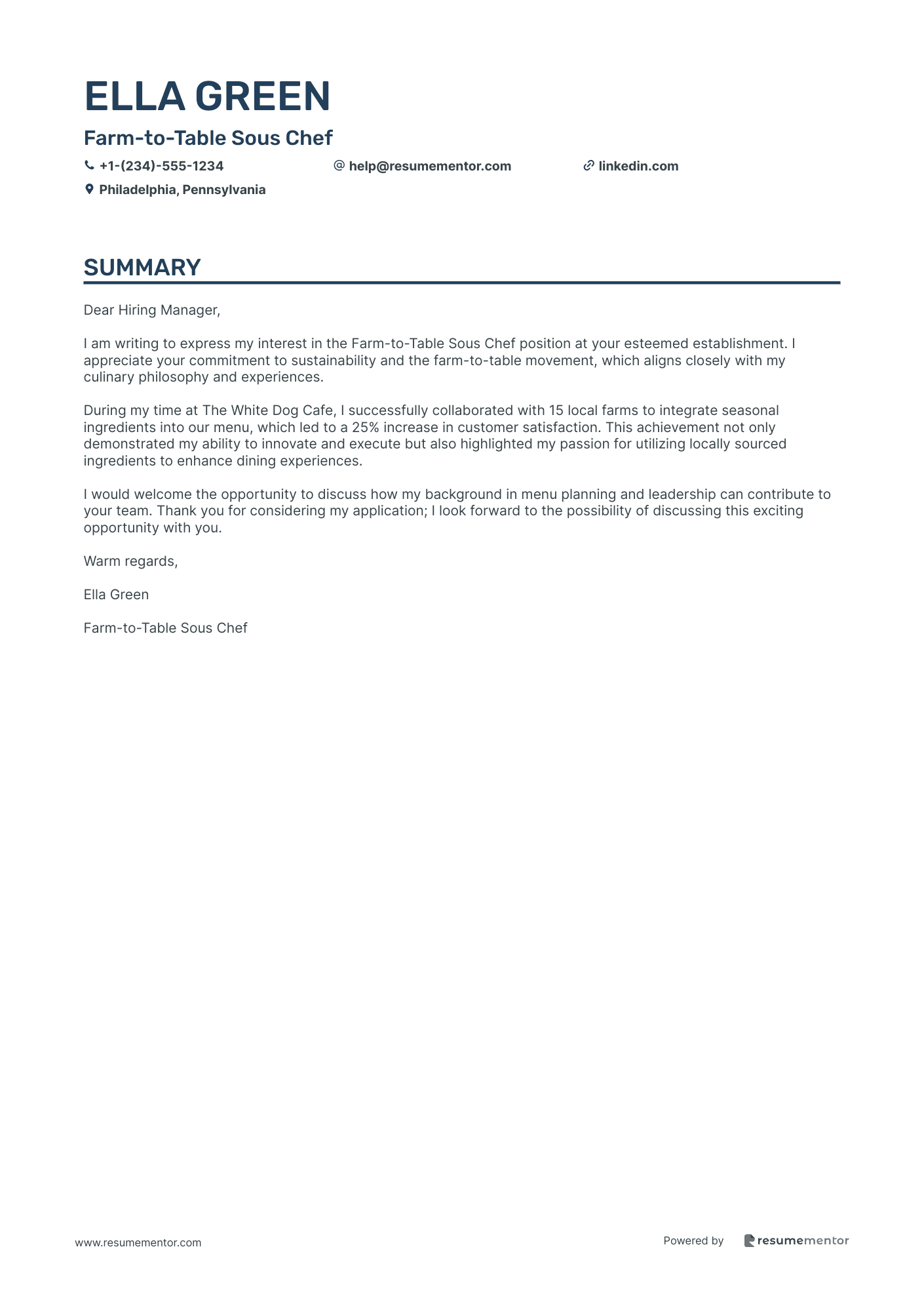 Sous Chef Cover Letter Examples by ResumeMentor.com - Professional ...
