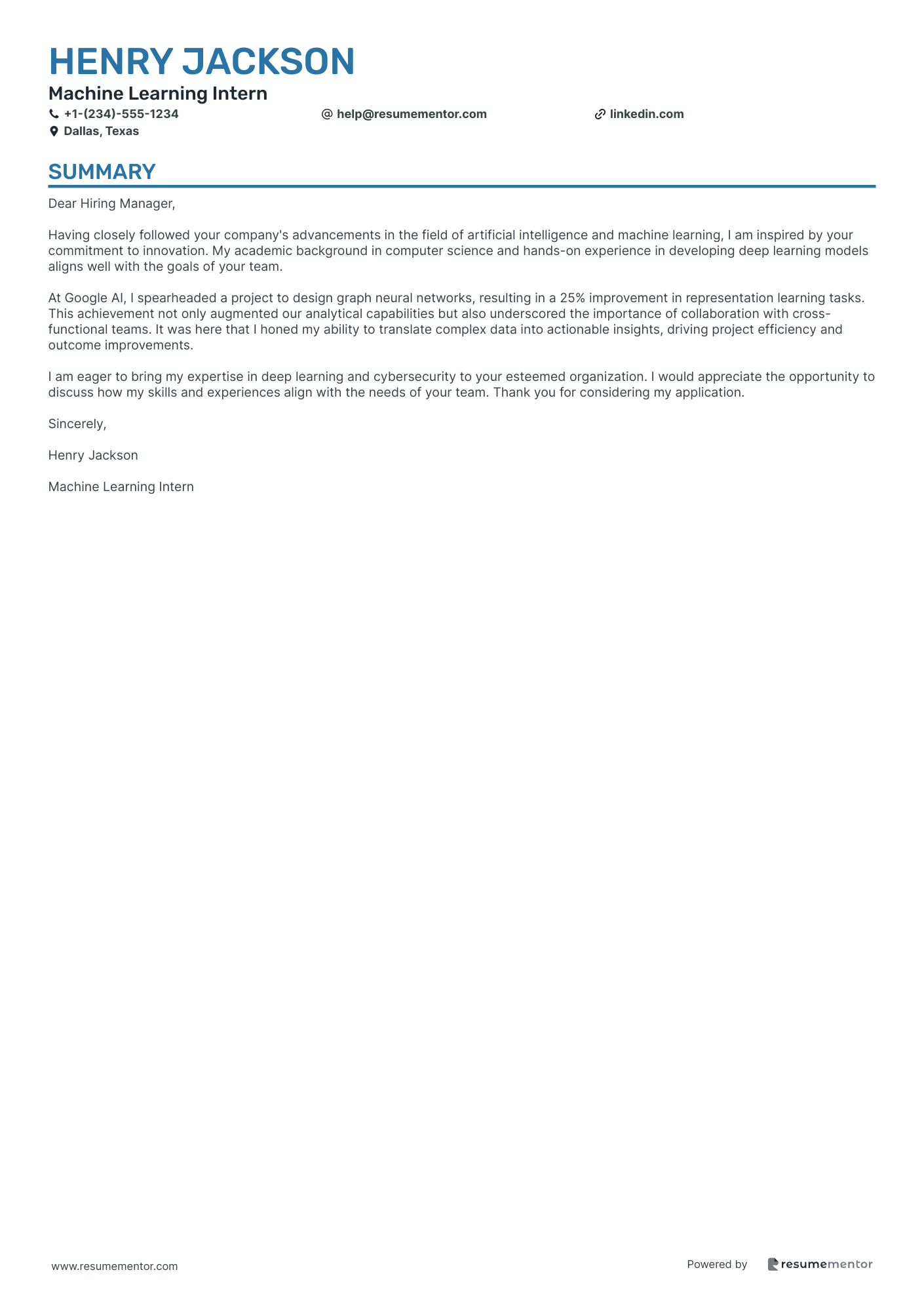 Machine Learning Cover Letter Examples by ResumeMentor.com ...