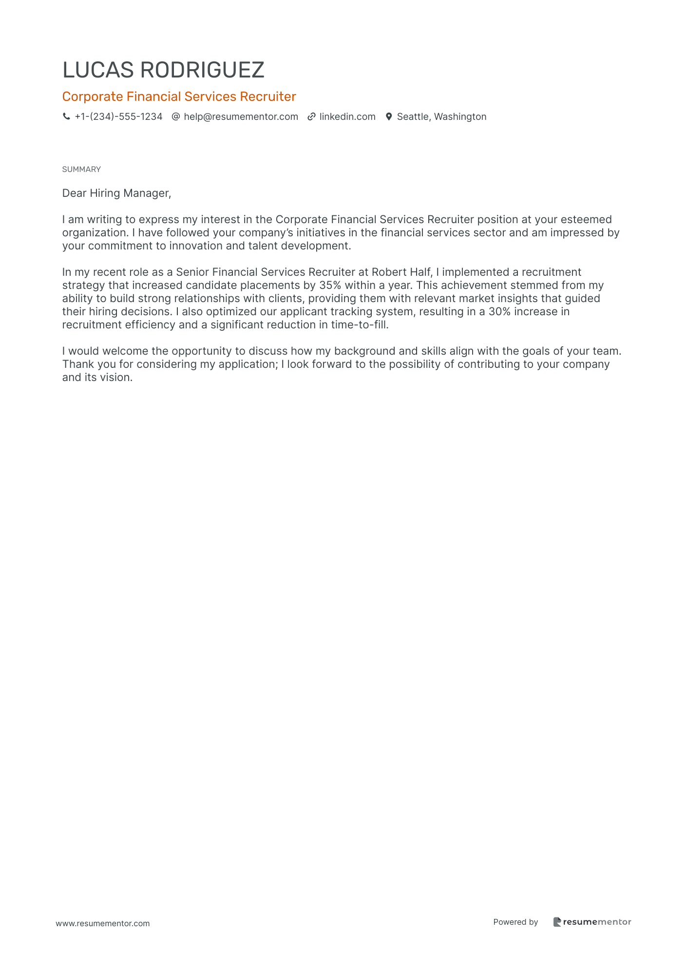 Corporate Recruiter Cover Letter Examples by ResumeMentor.com ...