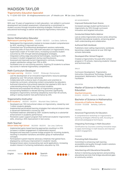 Math Teacher Resume Example - Free to Edit ATS-Friendly PDF - 2025