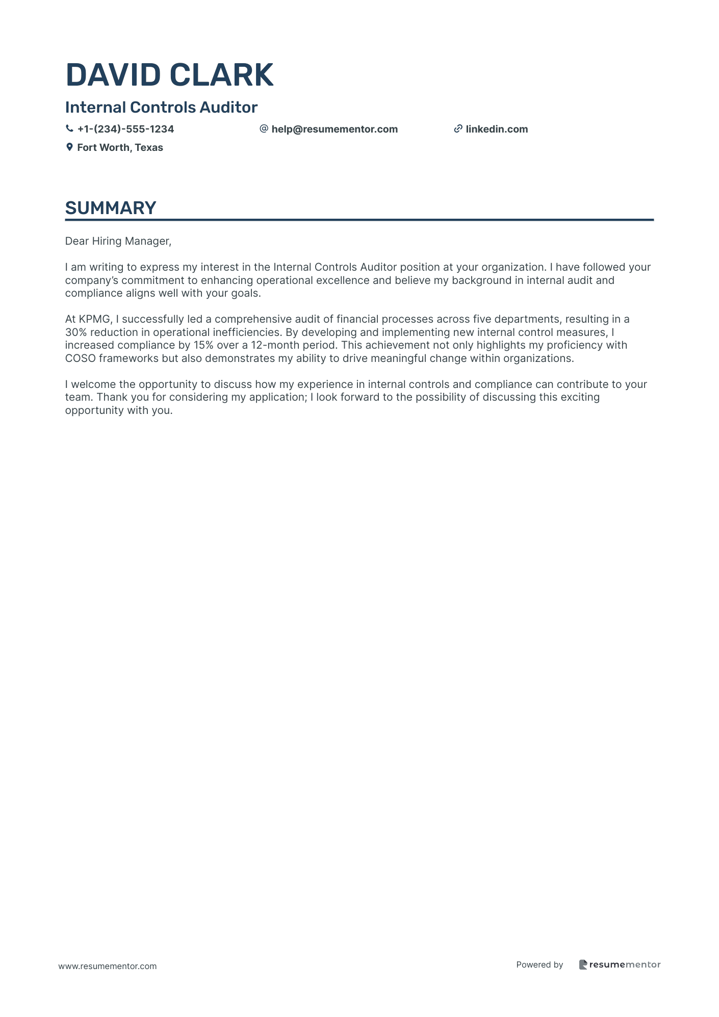 Internal Auditor Cover Letter Examples by ResumeMentor.com ...