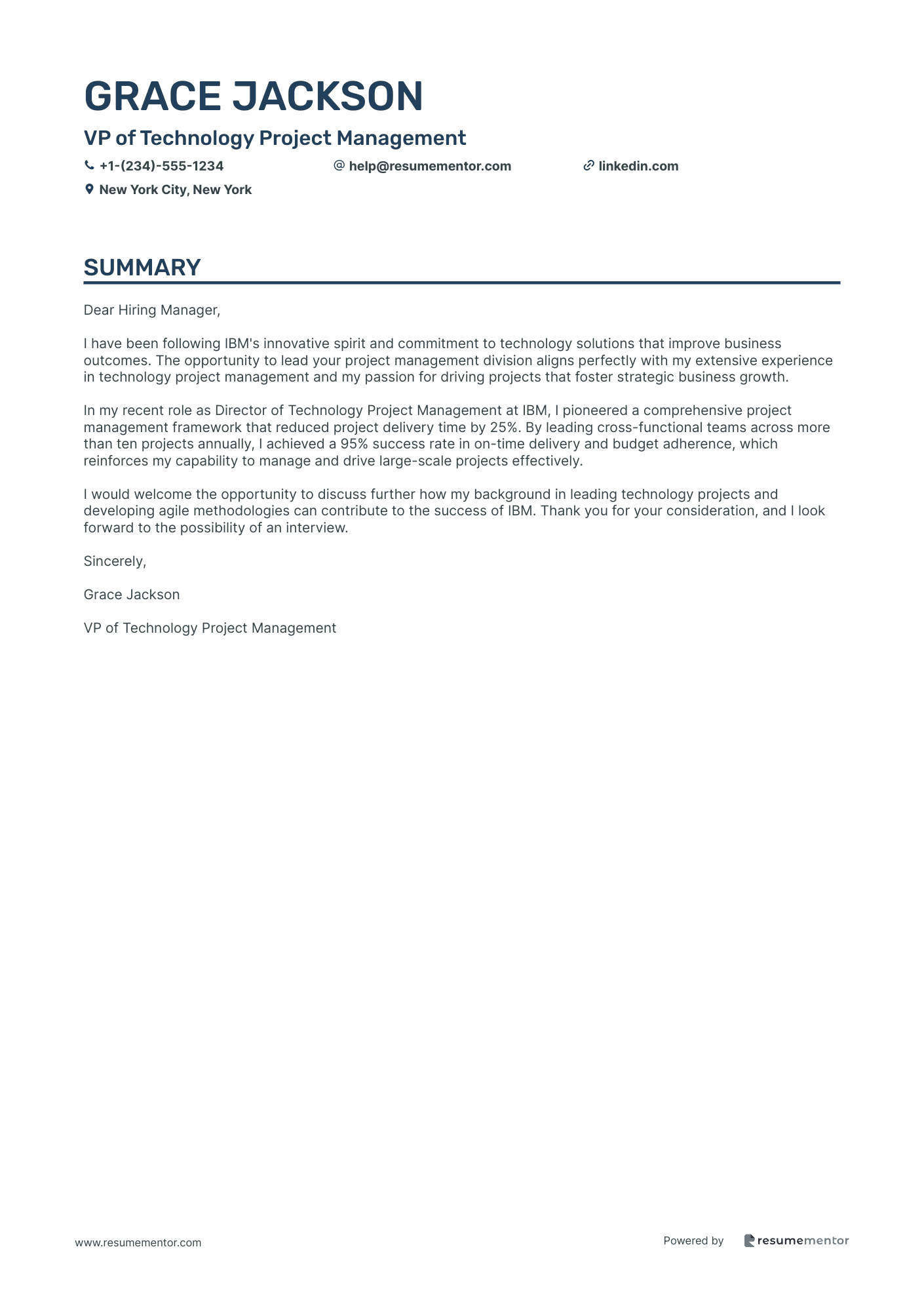 VP of Project Management Cover Letter Examples by ResumeMentor.com ...