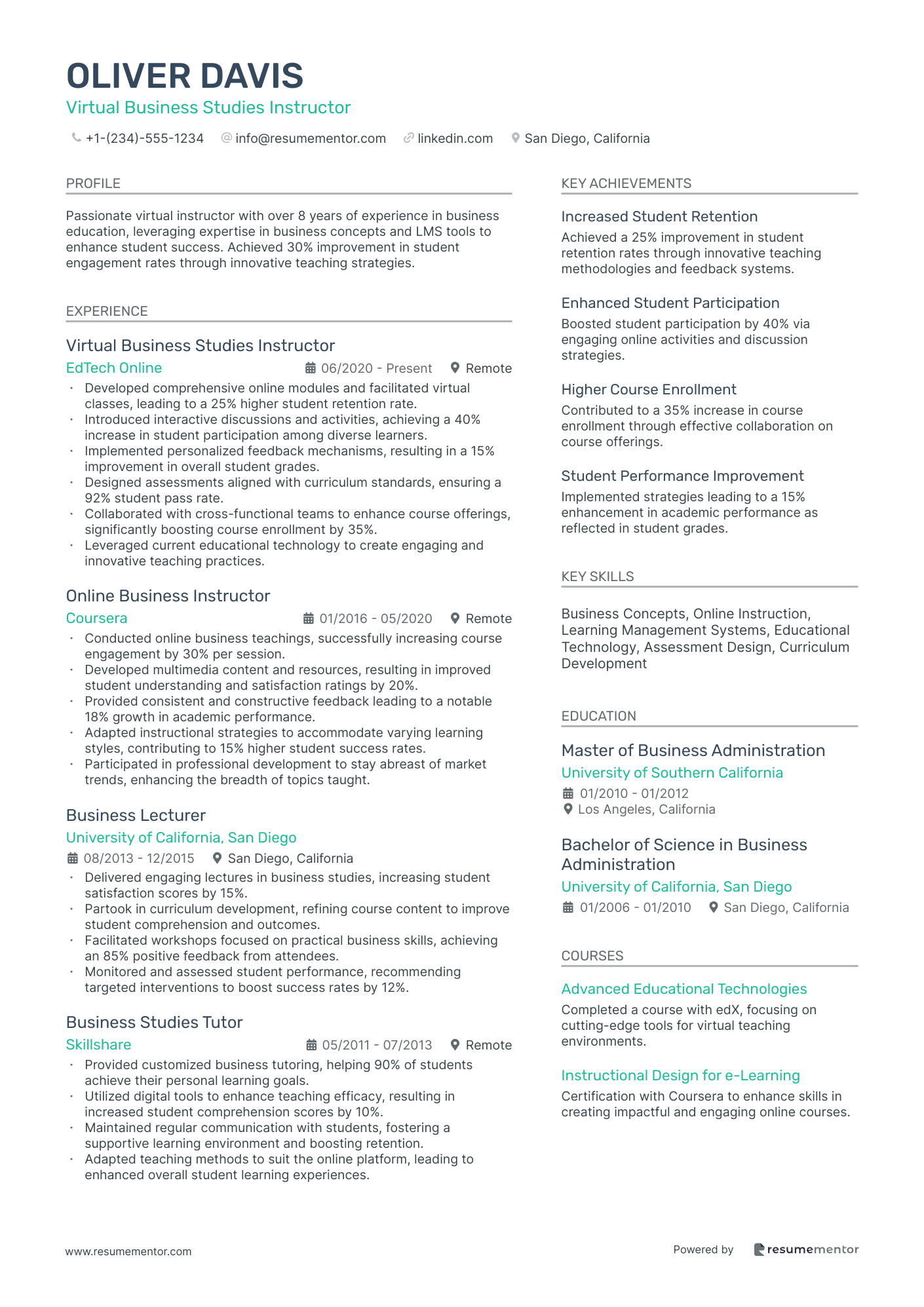 Course Instructor Resume Example Online Course Instructor Resume Examples - Free to Edit ATS-Friendly ...