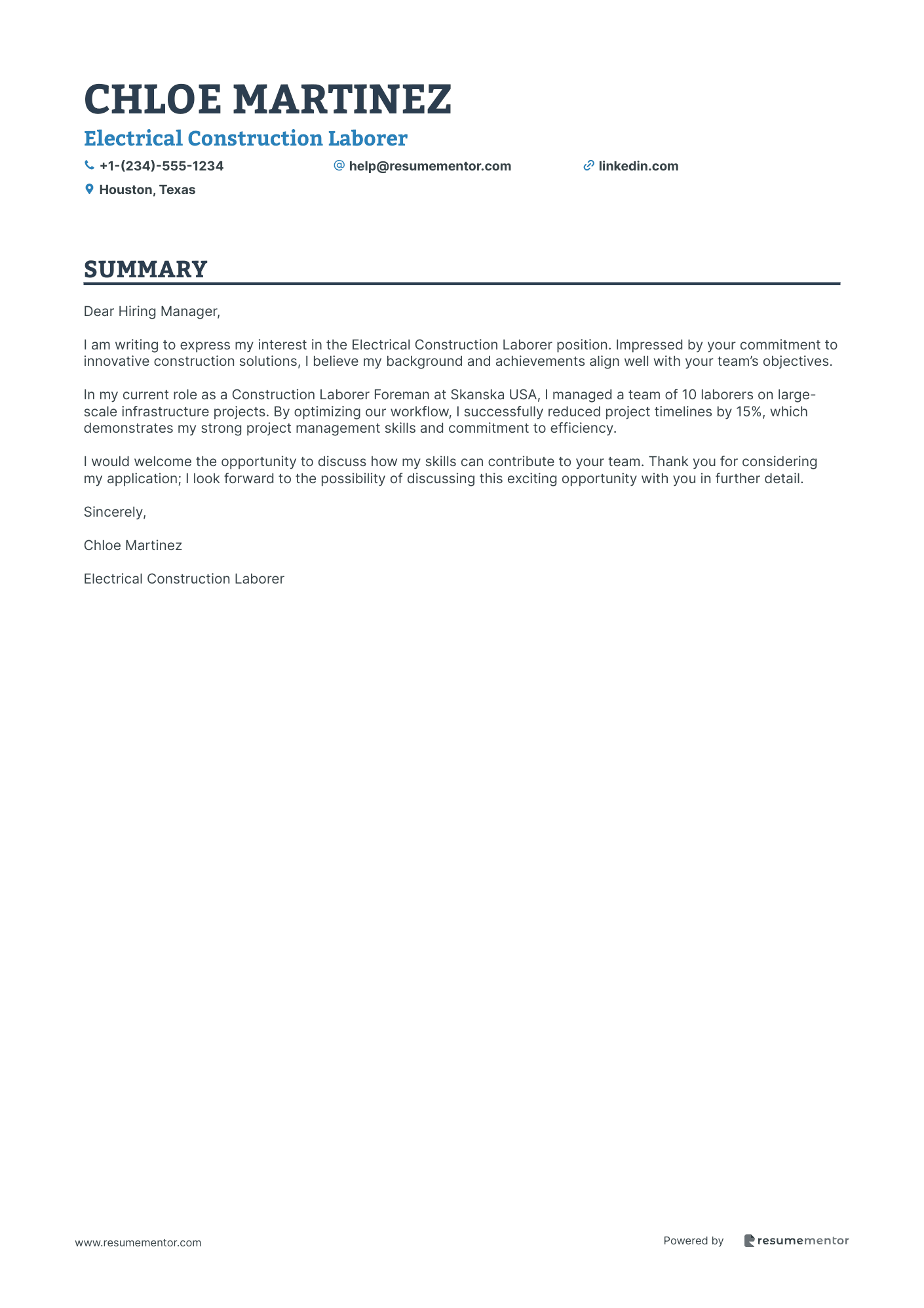 Construction Laborer Cover Letter Examples by ResumeMentor.com ...