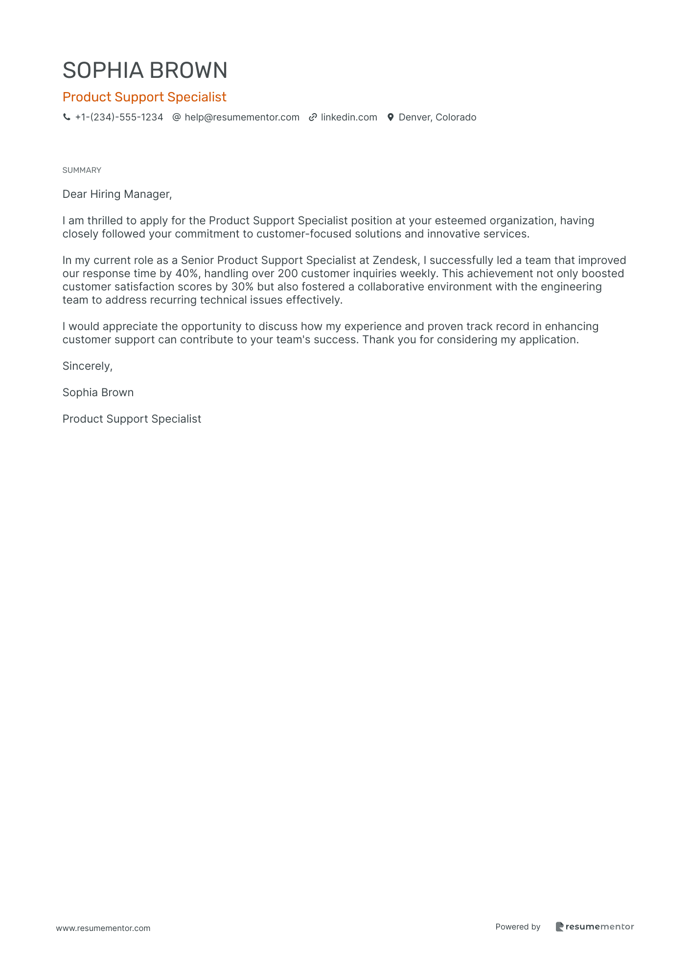 Customer Support Specialist Cover Letter Examples by ResumeMentor.com ...
