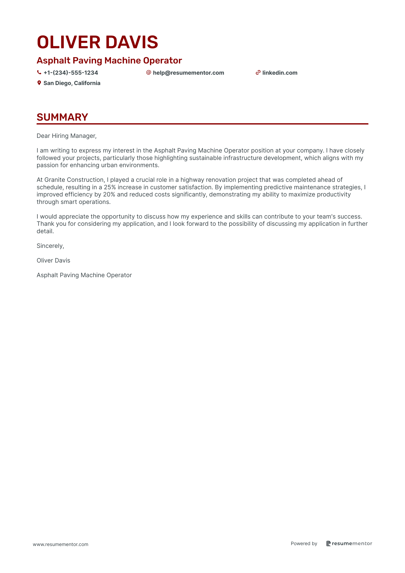 Heavy Equipment Operator Cover Letter Examples by ResumeMentor.com ...