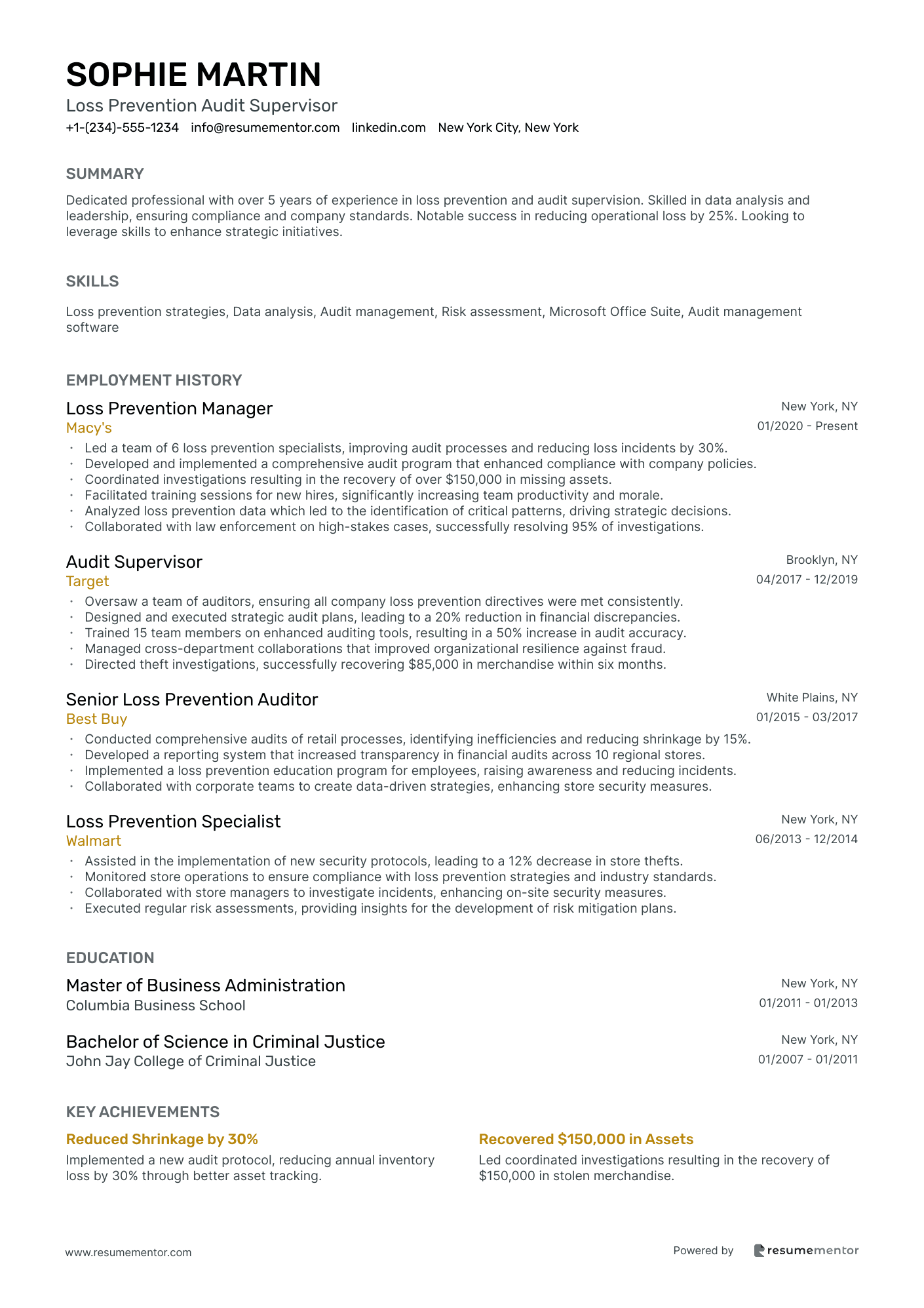 Loss Prevention Manager Resume Example - Free to Edit ATS-Friendly PDF ...