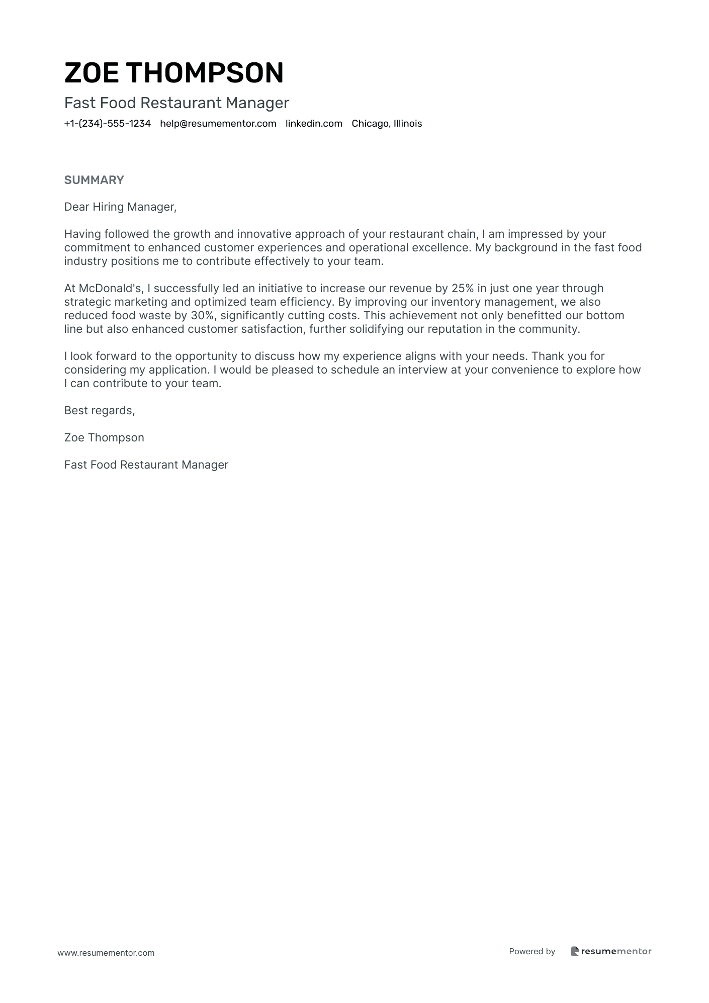 Fast Food Restaurant Manager