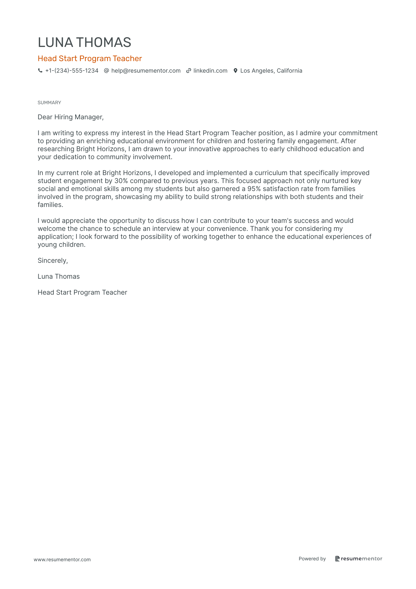 Head Start Program Teacher