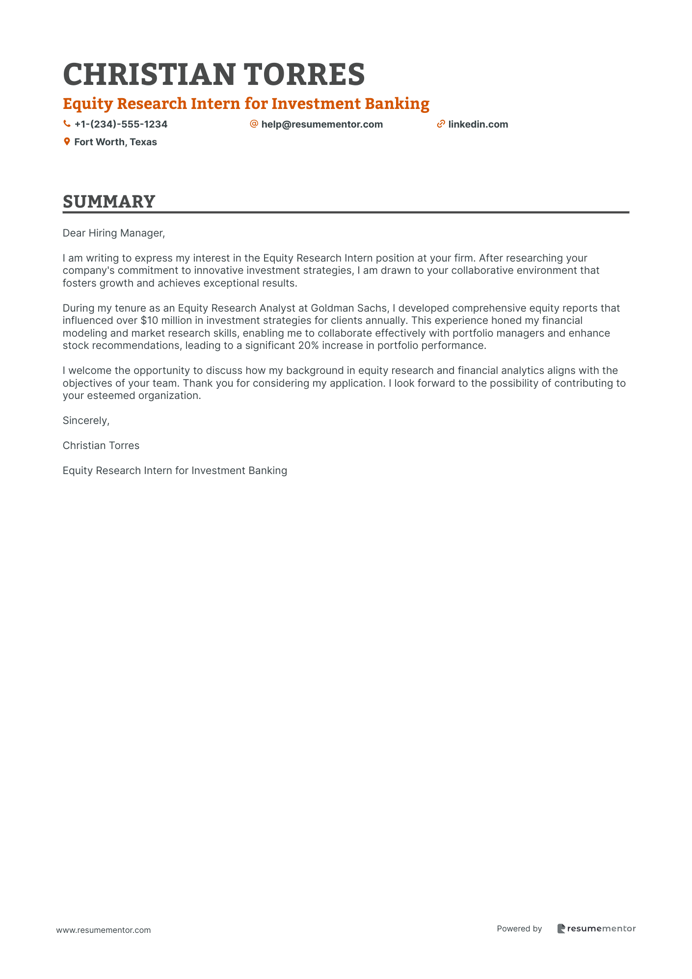 Equity Research Intern for Investment Banking