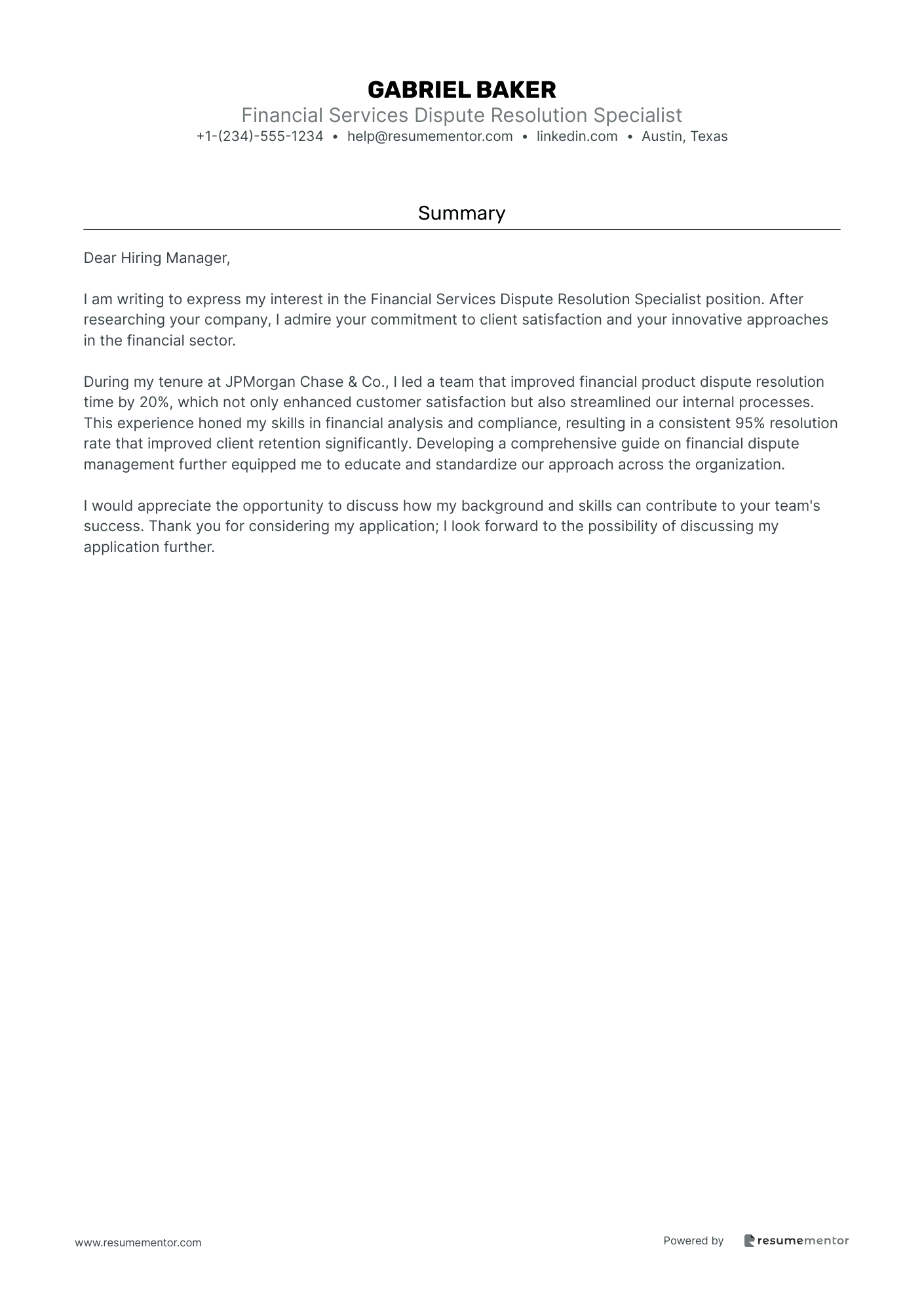 Financial Services Dispute Resolution Specialist