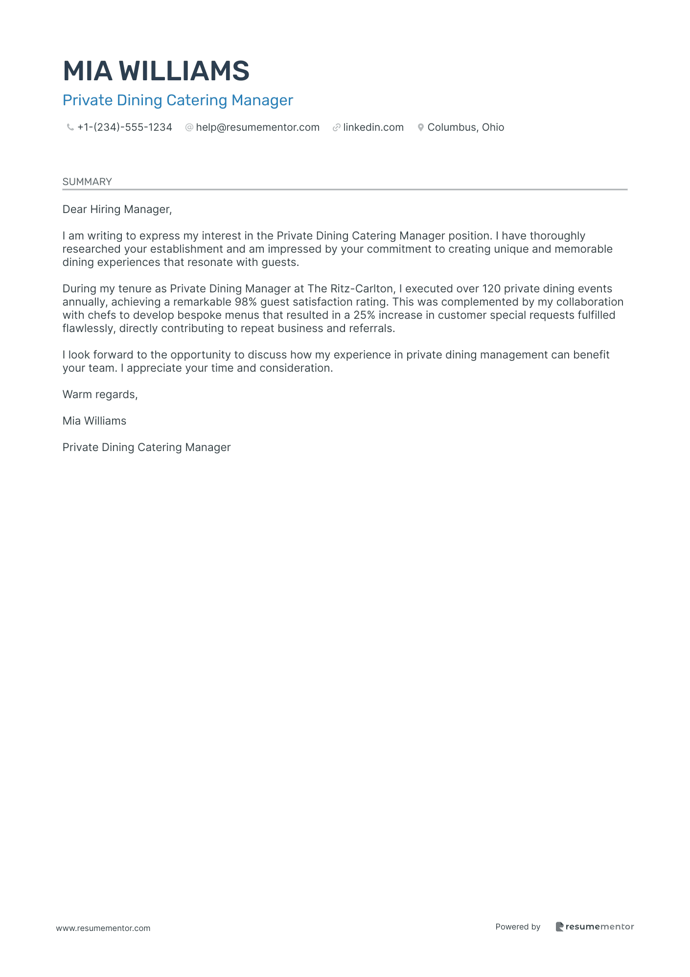 Private Dining Catering Manager