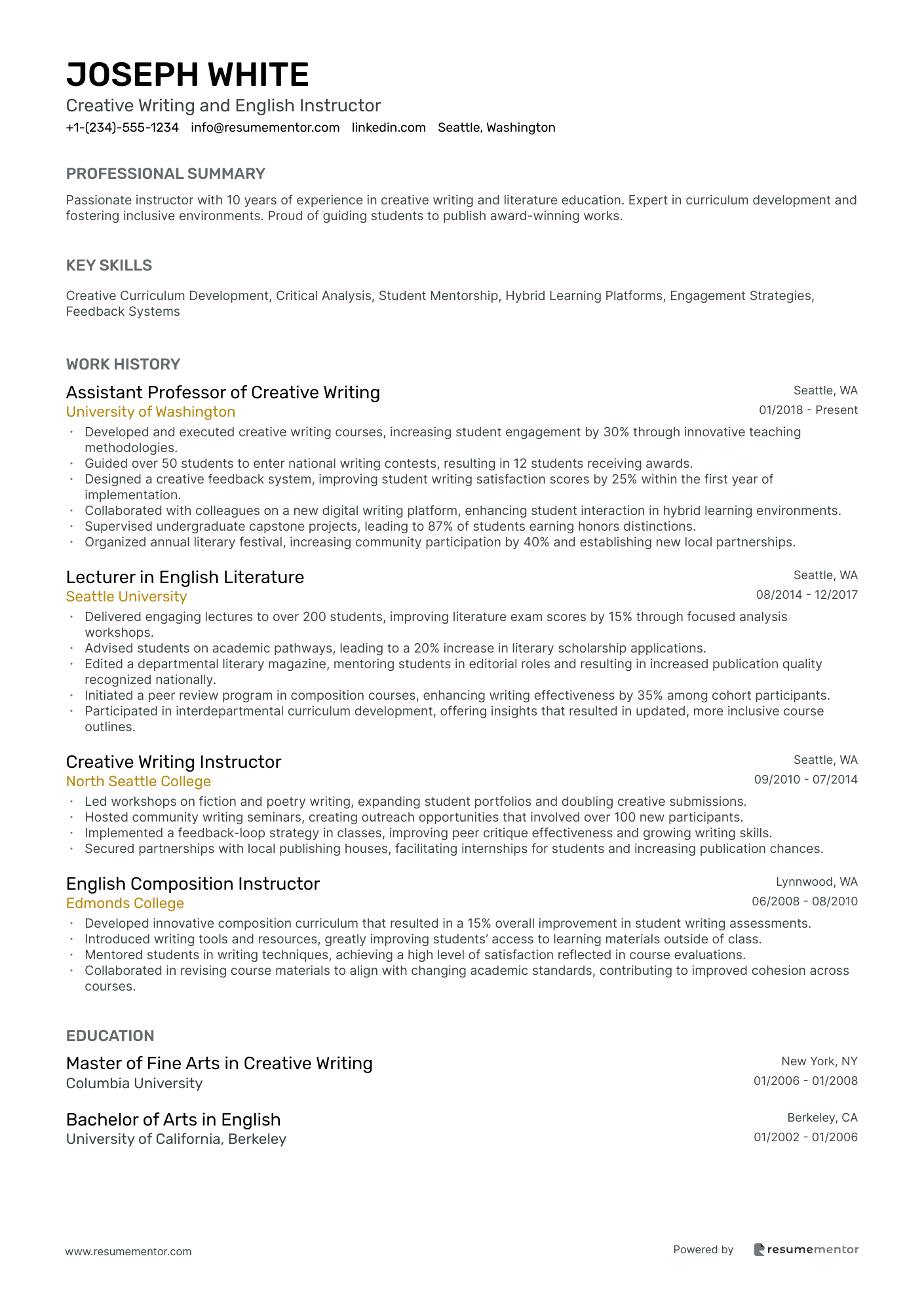 Creative Writing and English Instructor