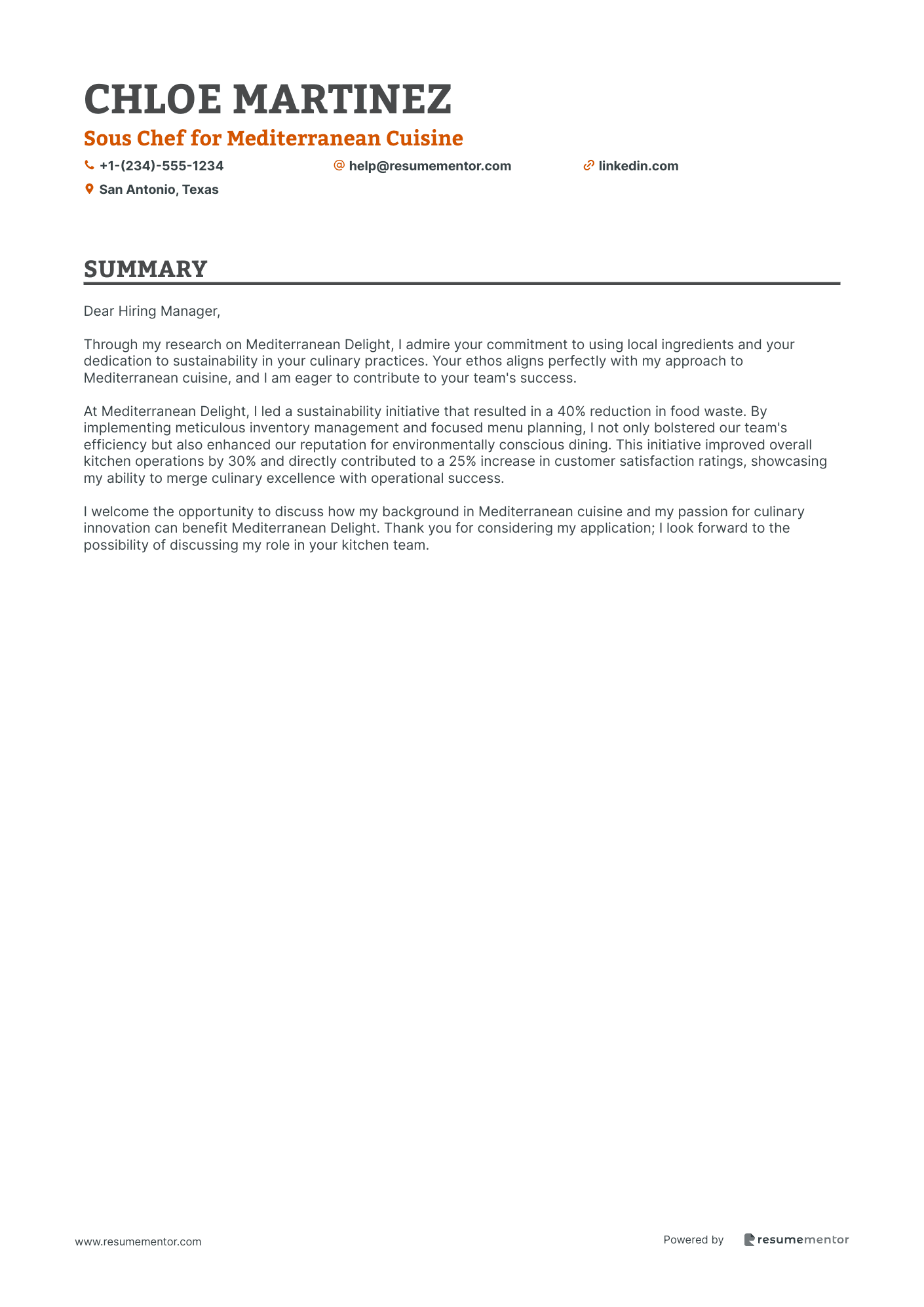Sous Chef for Mediterranean Cuisine