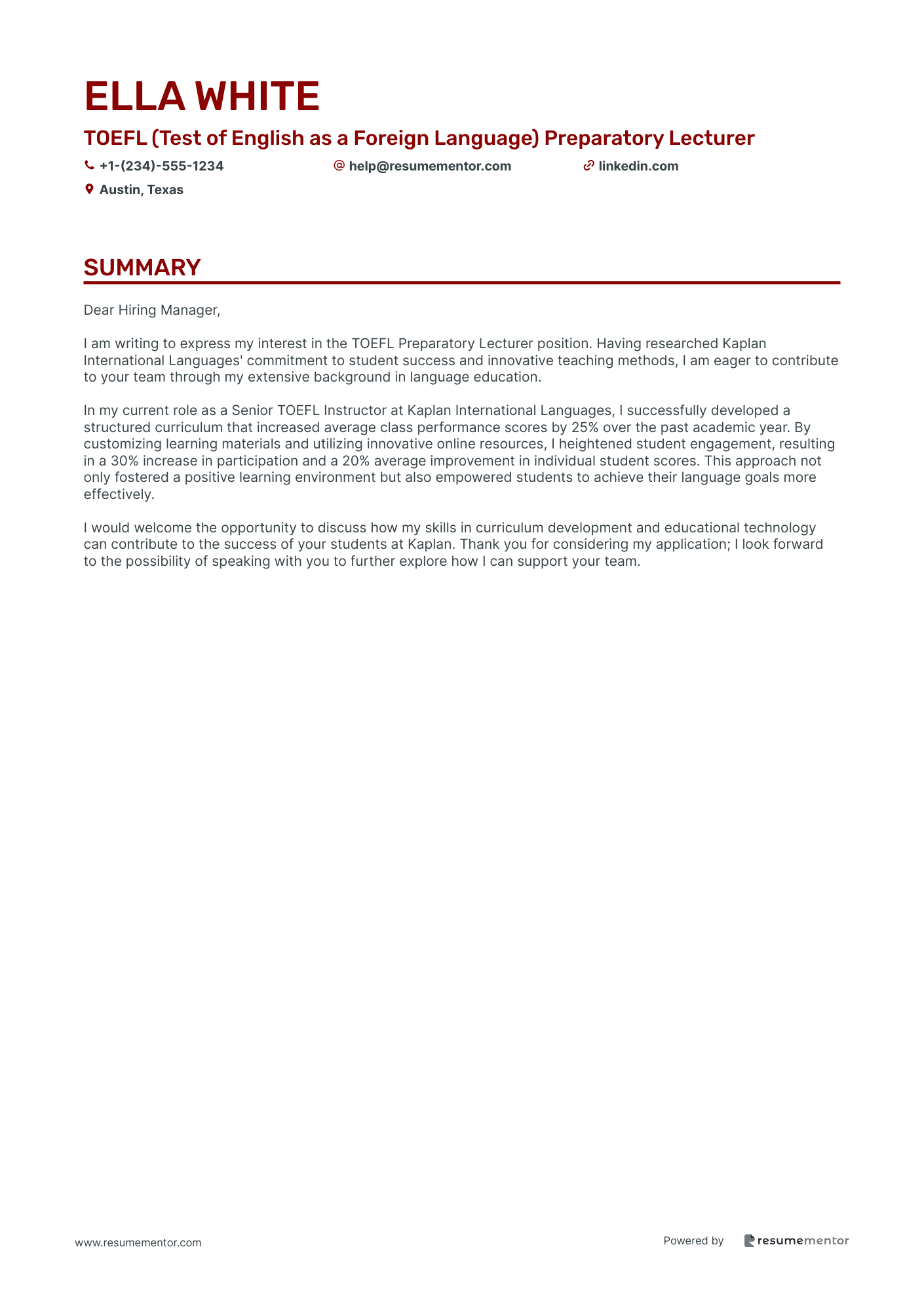 TOEFL (Test of English as a Foreign Language) Preparatory Lecturer