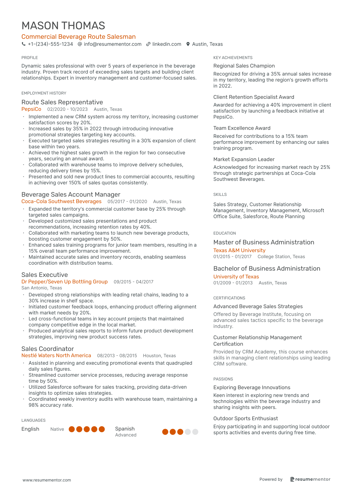 Commercial Beverage Route Salesman
