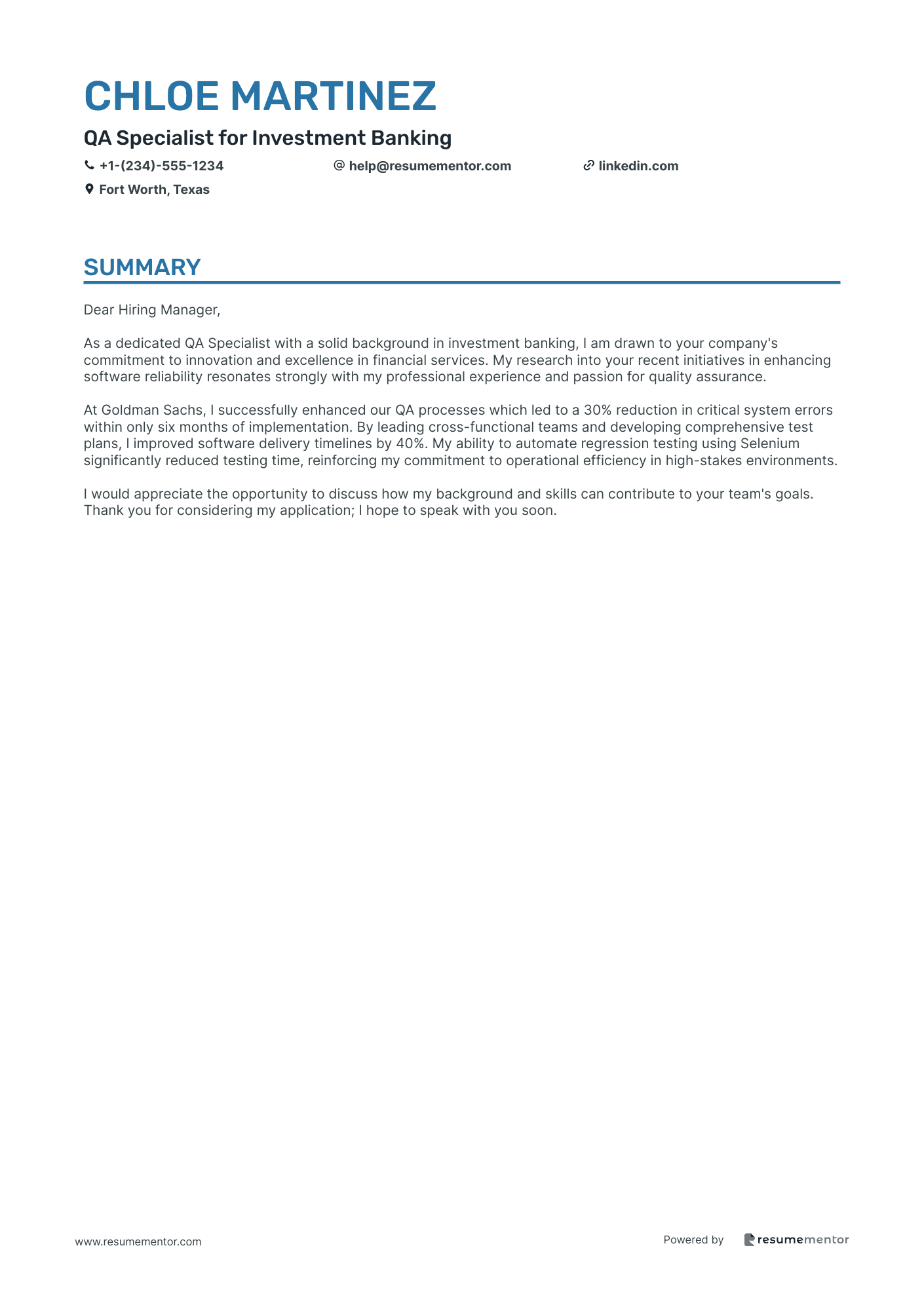 QA Specialist for Investment Banking