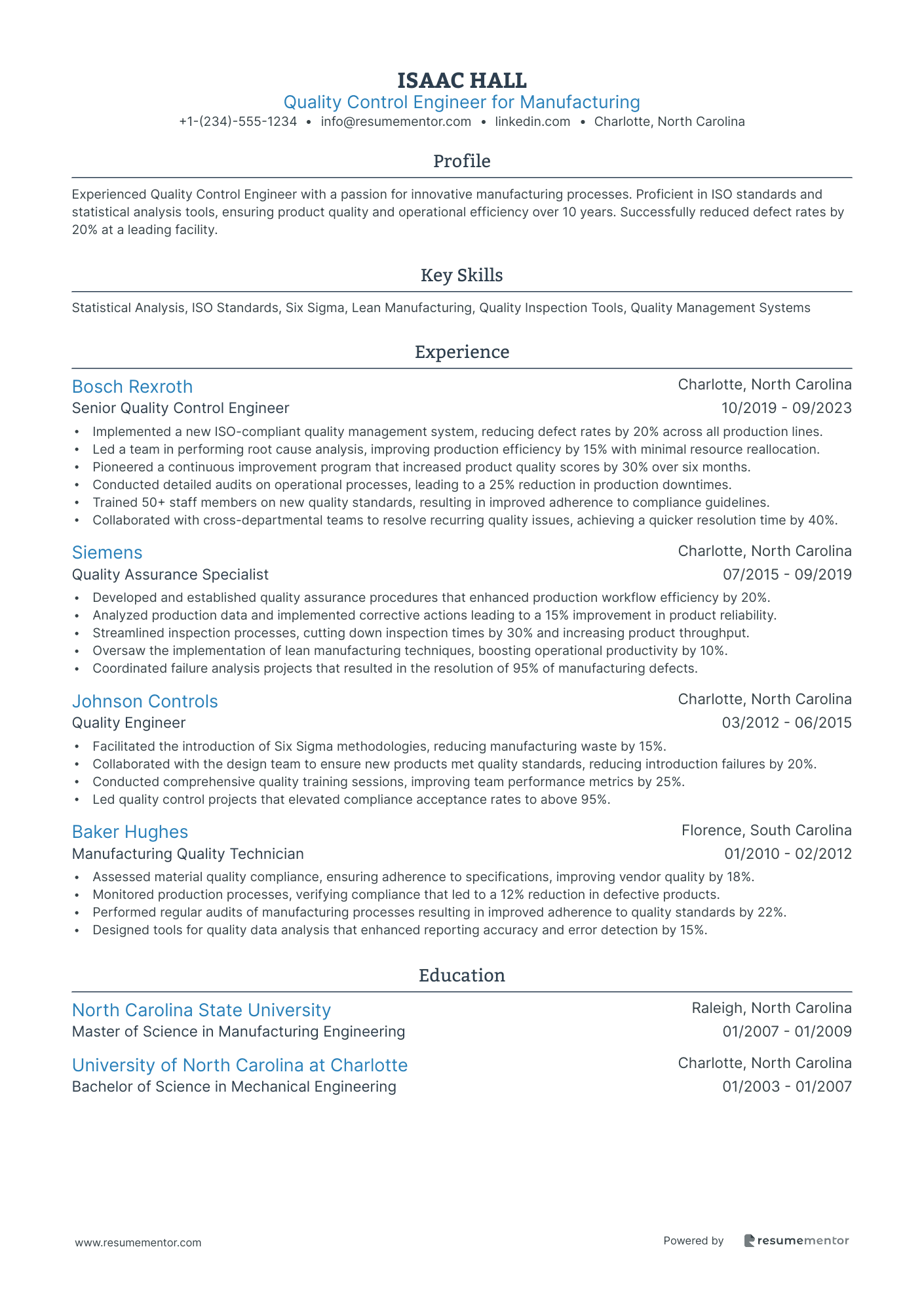 Quality Control Engineer for Manufacturing