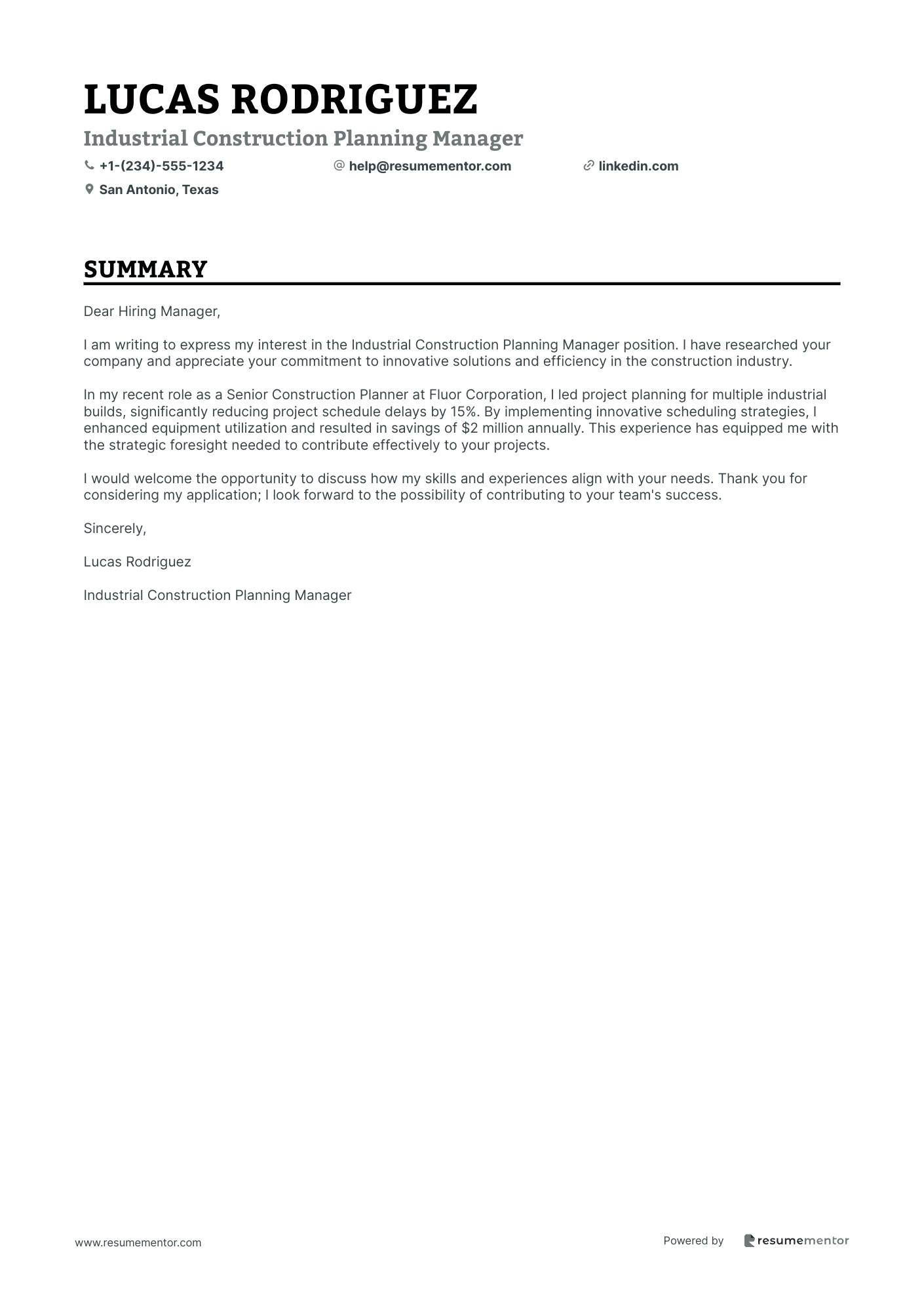 Industrial Construction Planning Manager