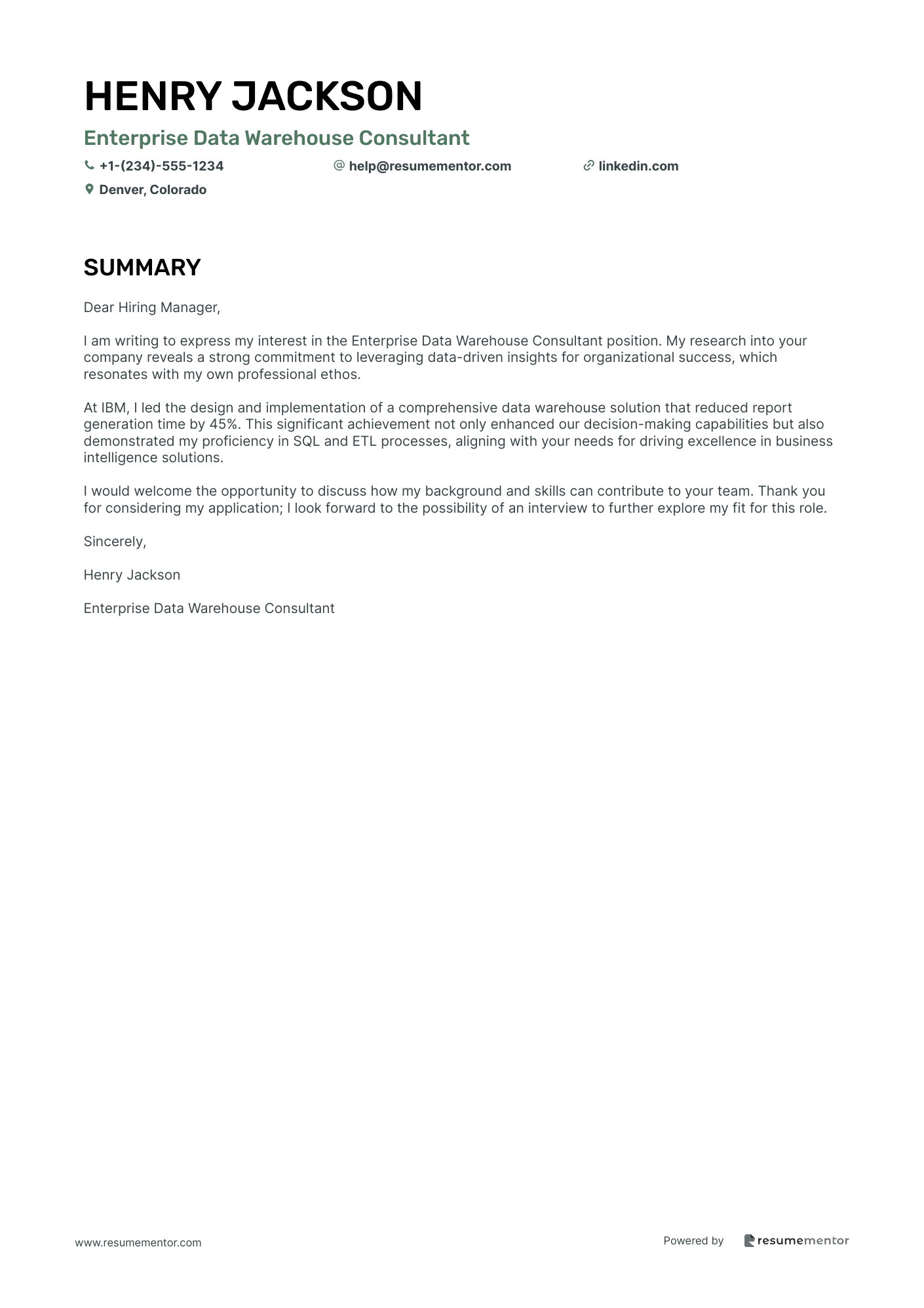 Enterprise Data Warehouse Consultant