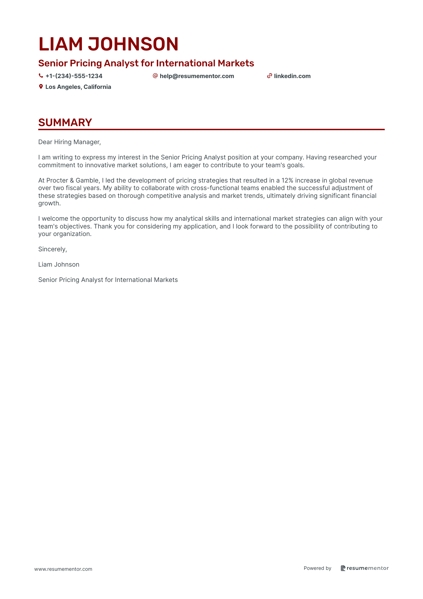 Senior Pricing Analyst for International Markets