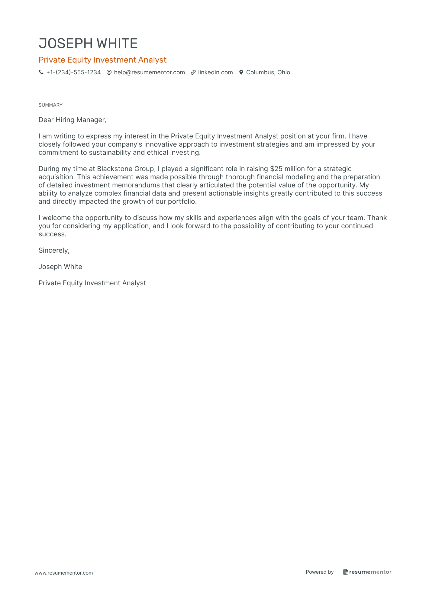 Private Equity Investment Analyst