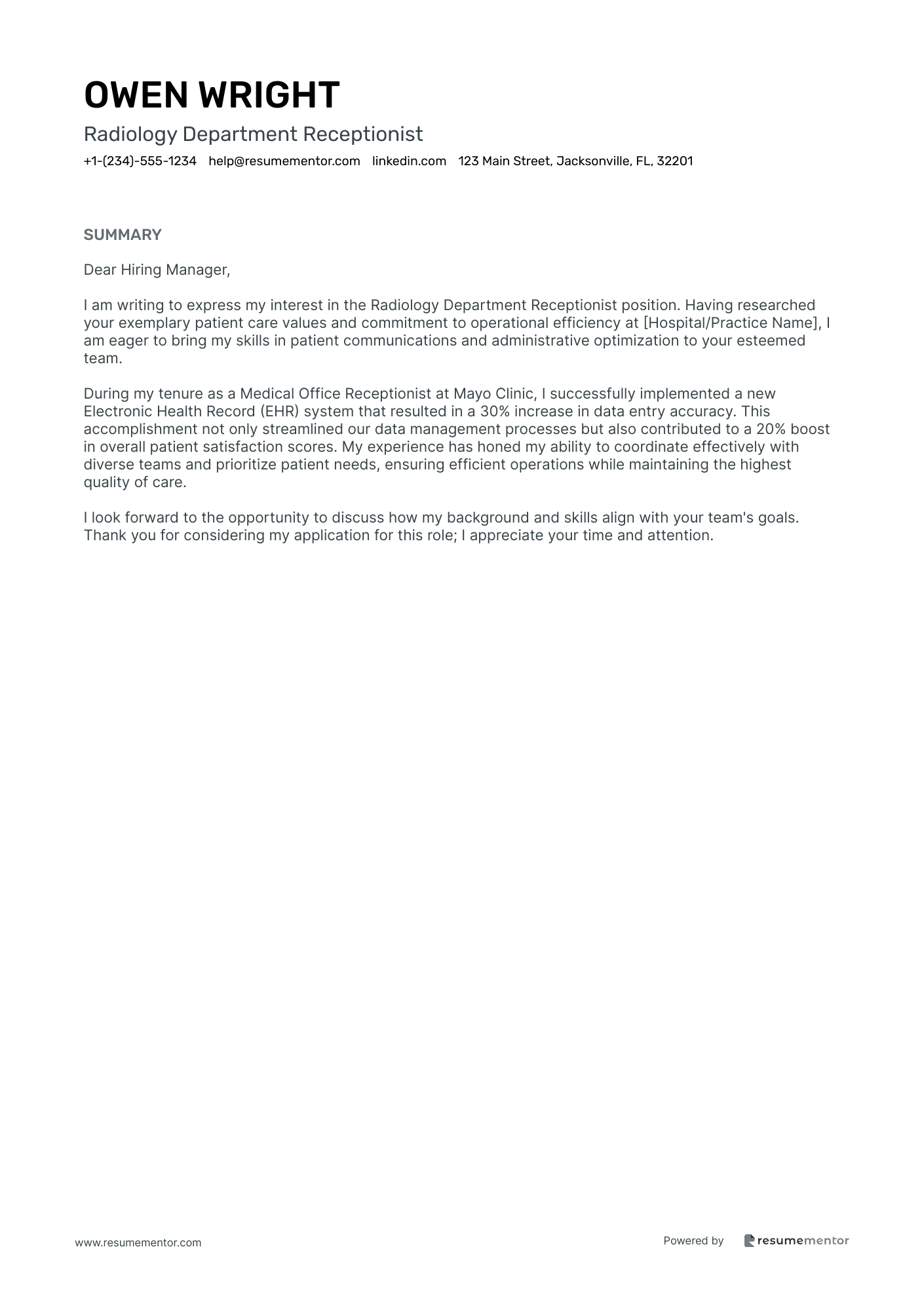 Radiology Department Receptionist