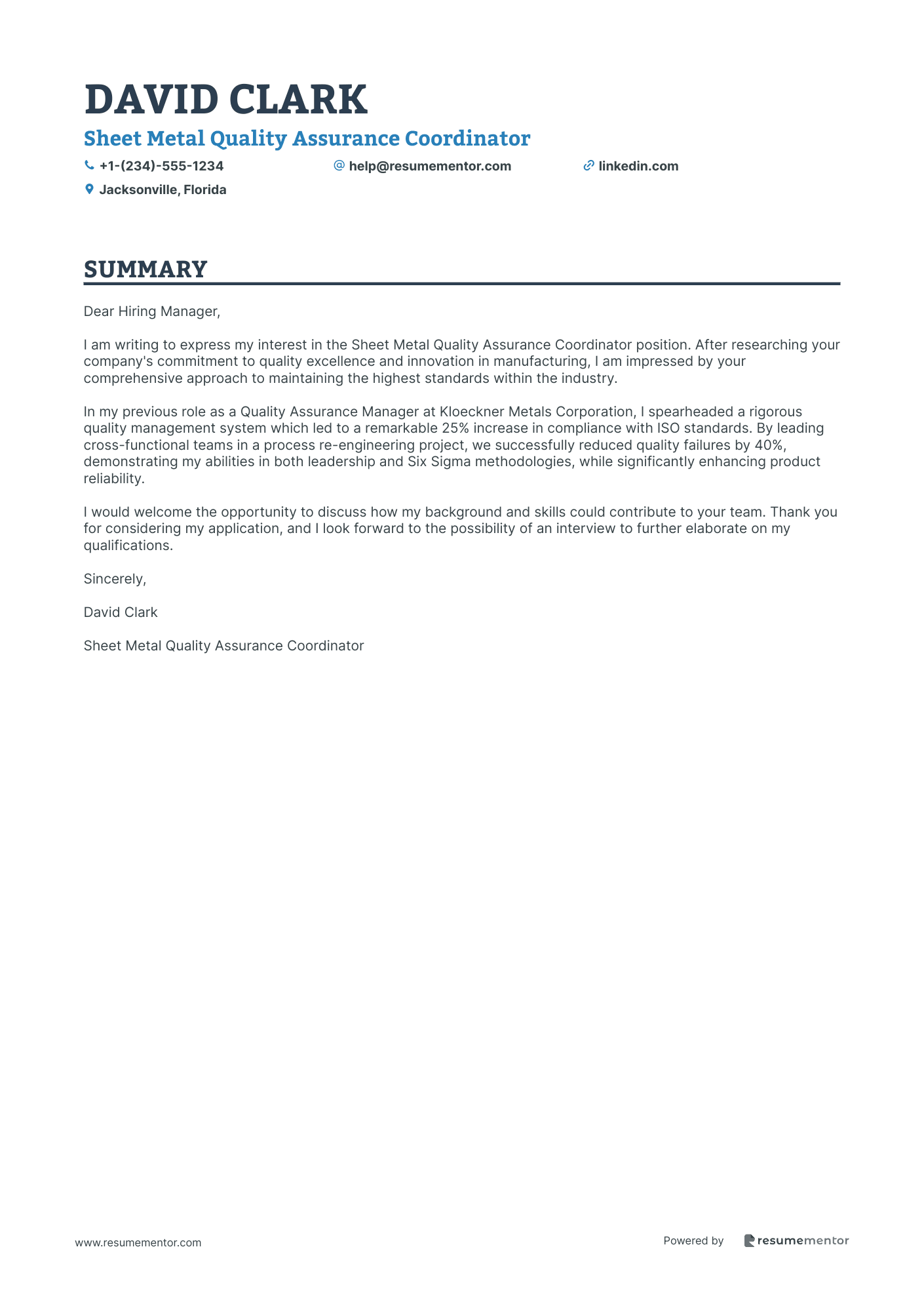 Sheet Metal Quality Assurance Coordinator