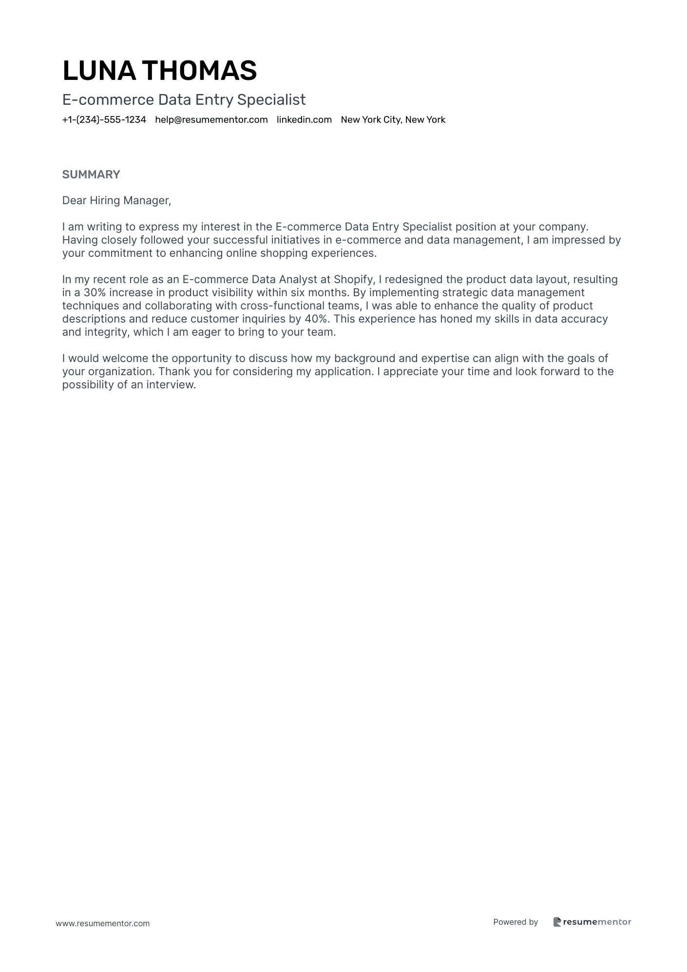 E commerce Data Entry Specialist