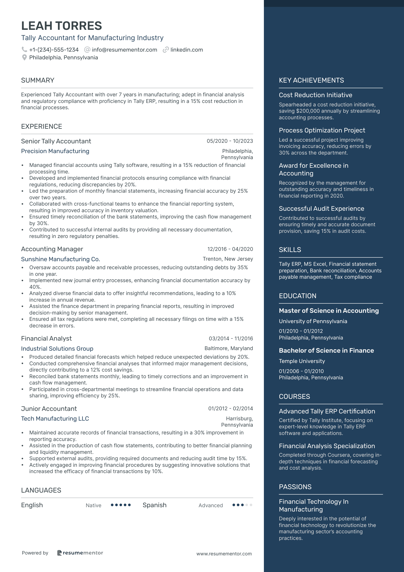 Tally Accountant for Manufacturing Industry