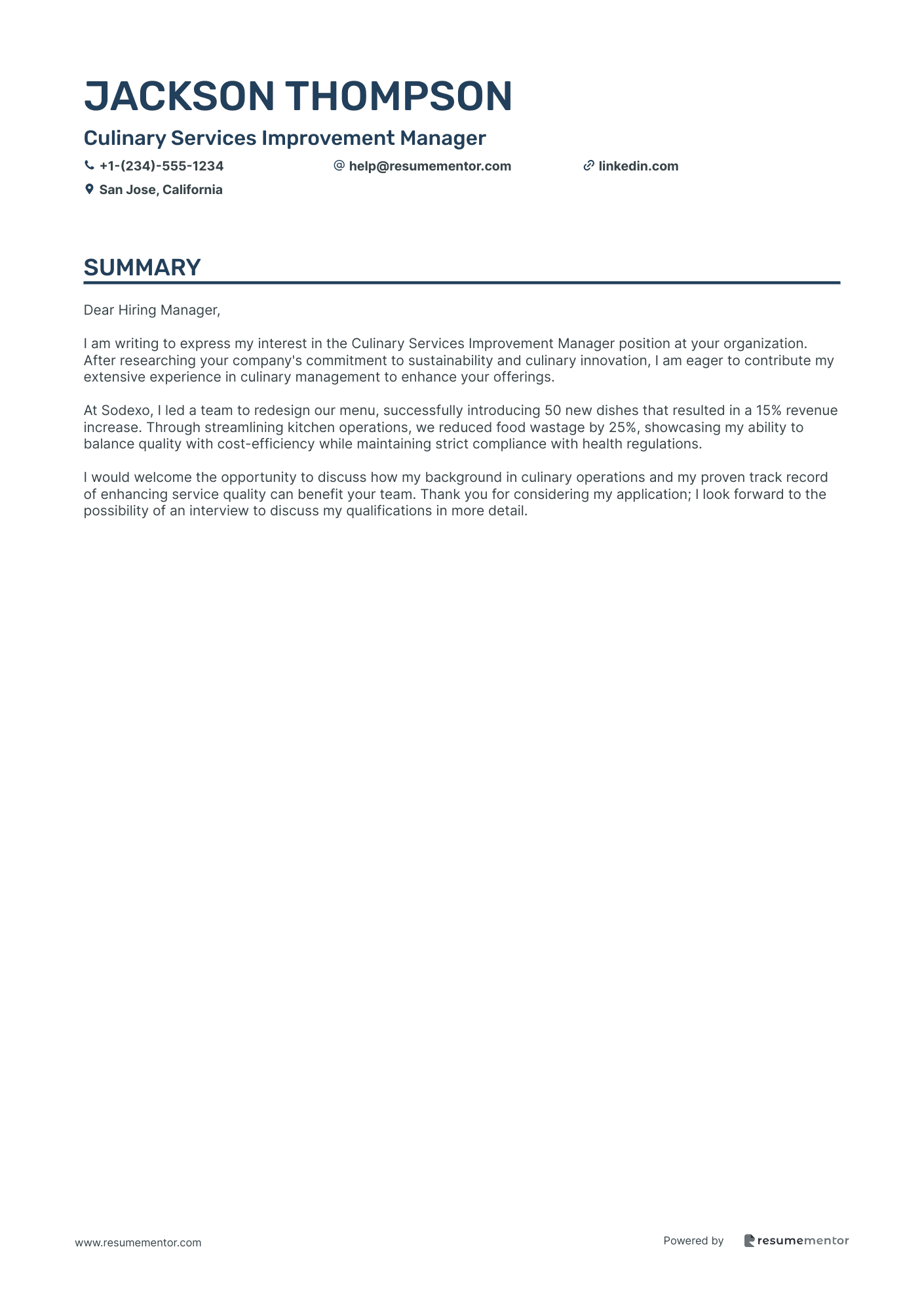 Culinary Services Improvement Manager
