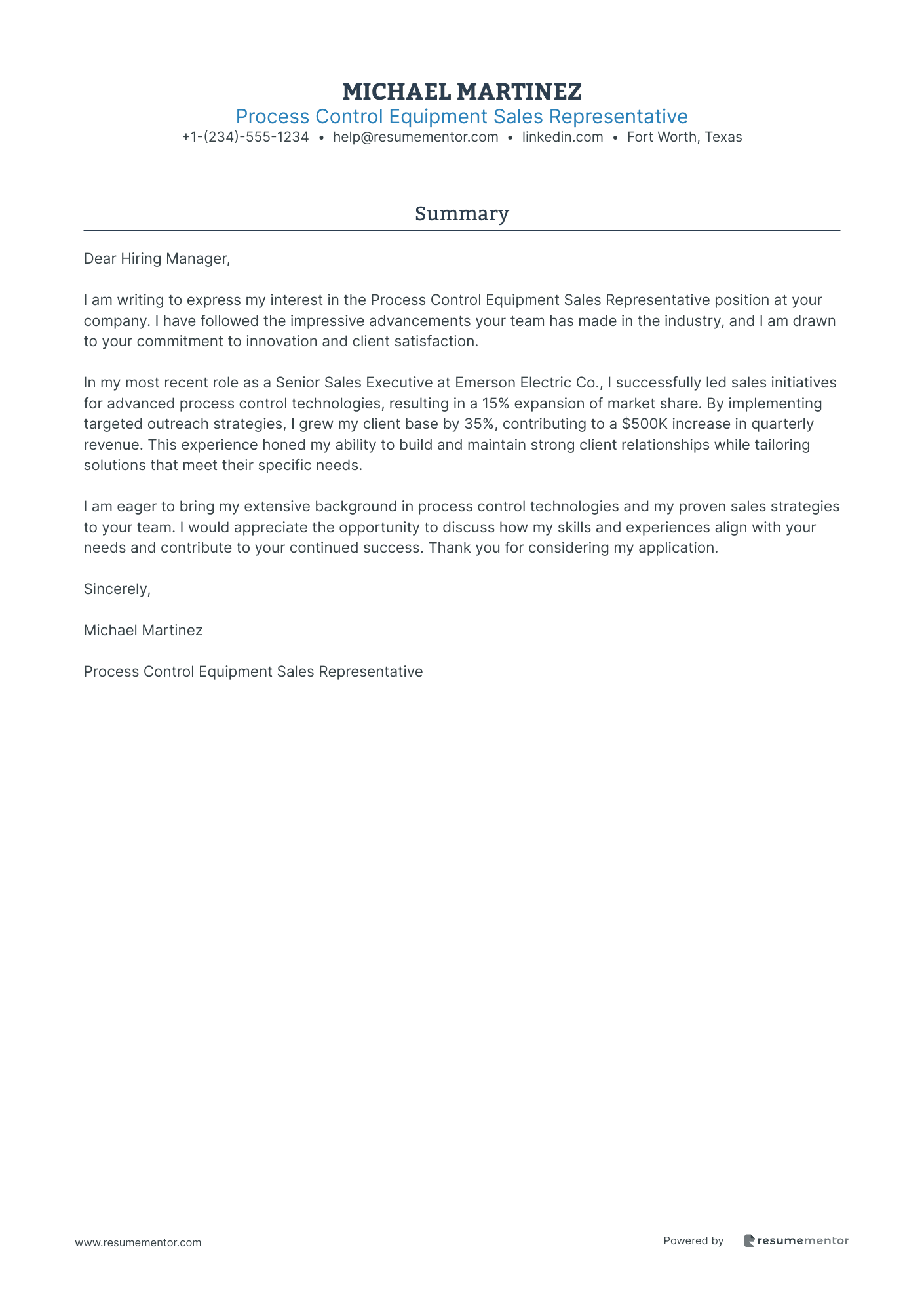 Process Control Equipment Sales Representative