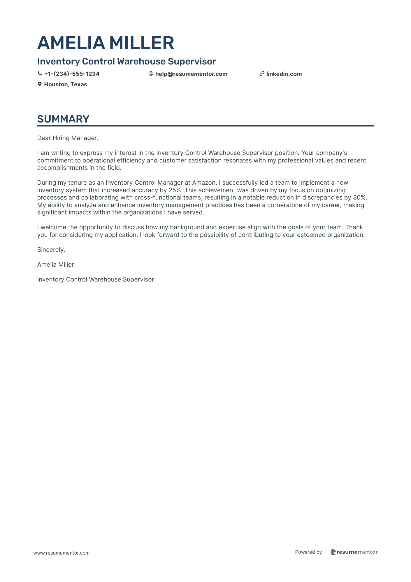 Inventory Control Warehouse Supervisor
