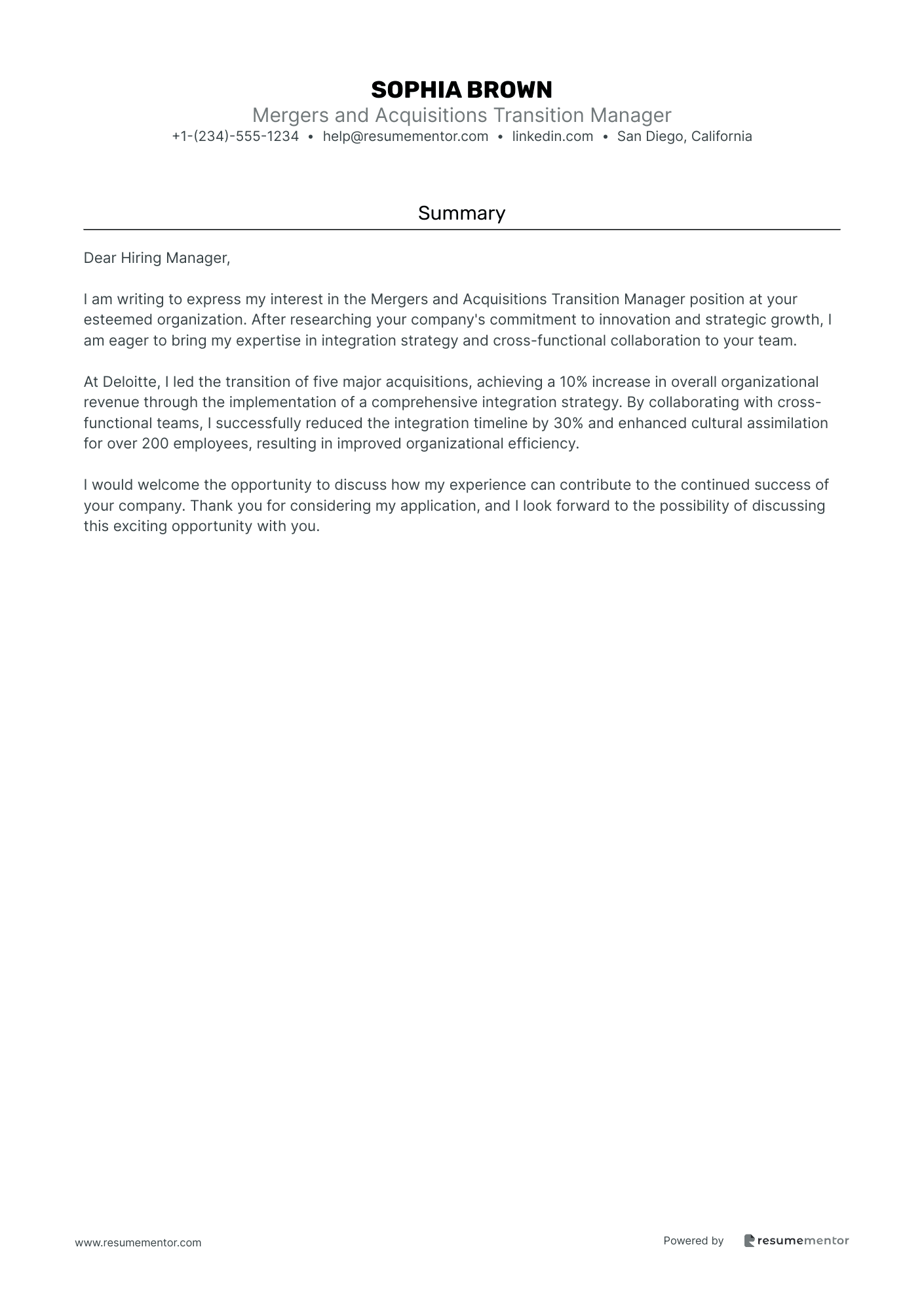 Mergers and Acquisitions Transition Manager