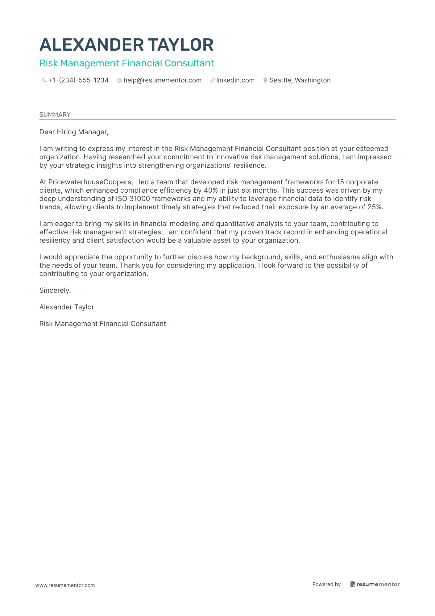 Risk Management Financial Consultant