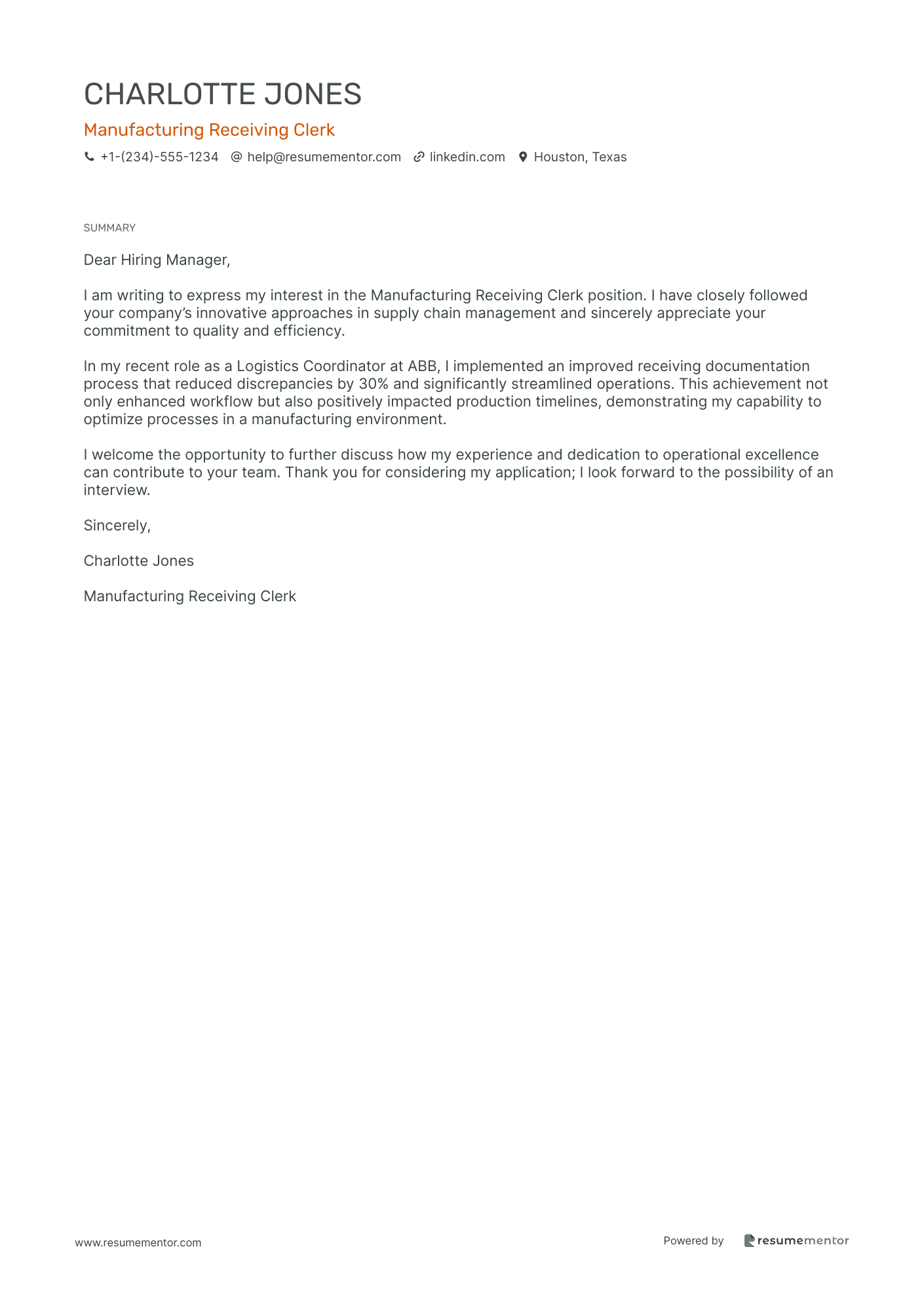 Manufacturing Receiving Clerk