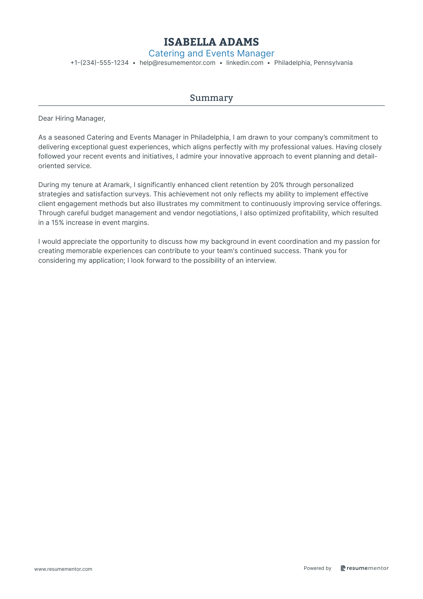 Catering and Events Manager