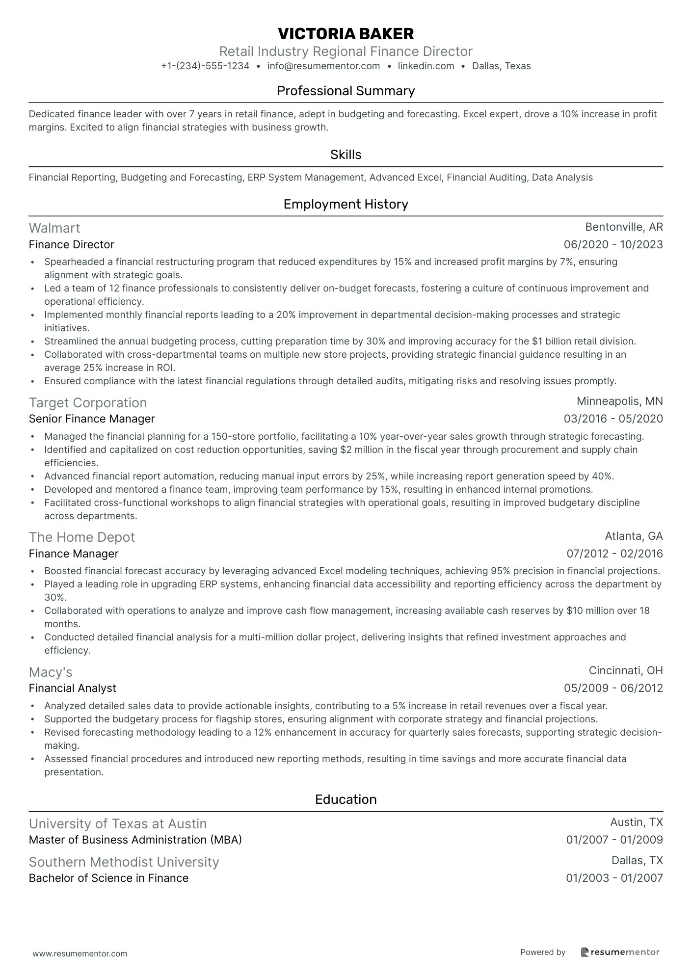 Retail Industry Regional Finance Director