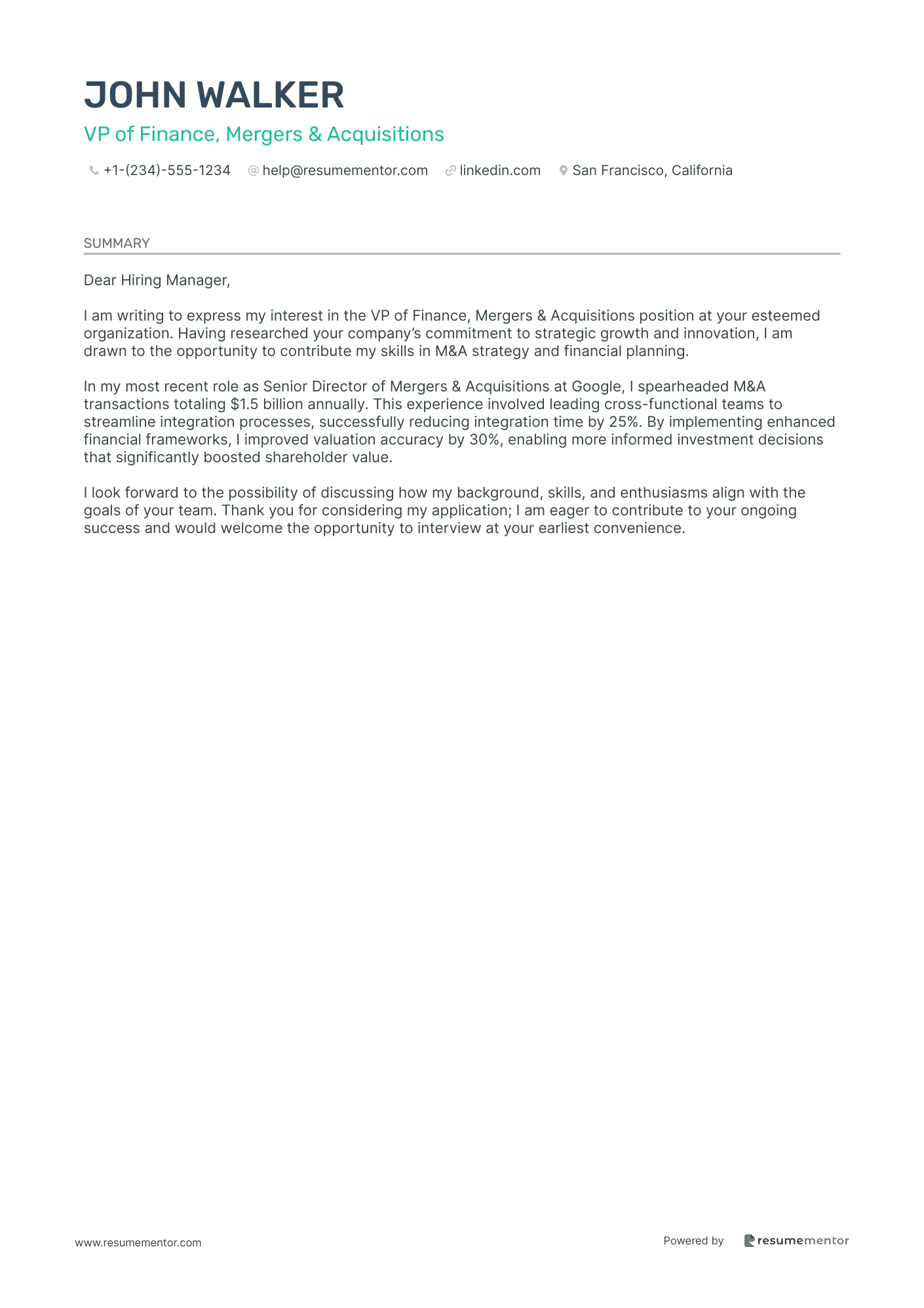 VP of Finance, Mergers & Acquisitions