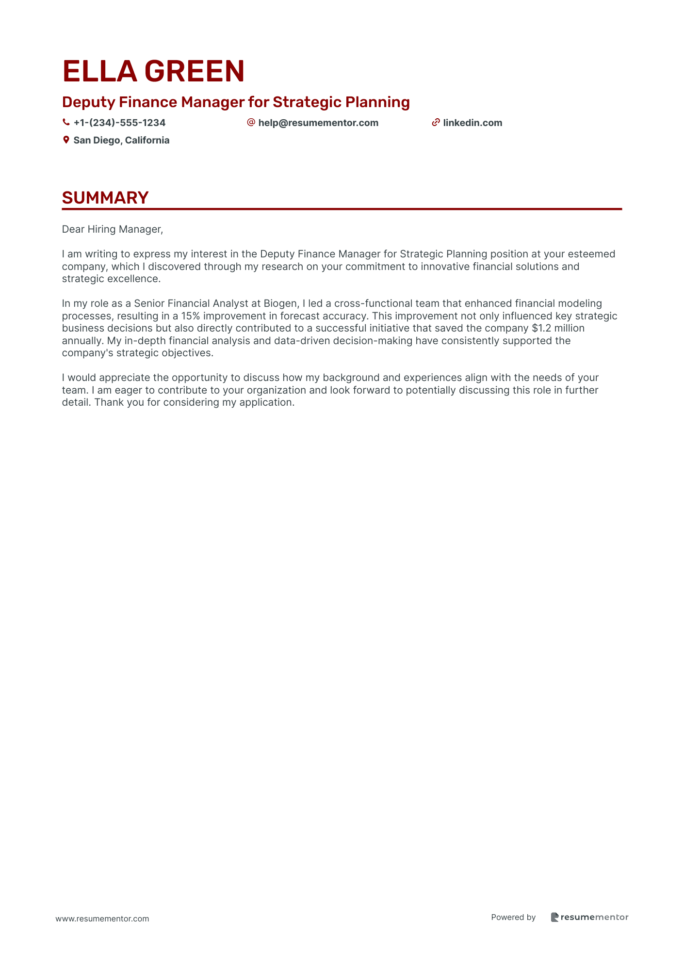 Deputy Finance Manager for Strategic Planning