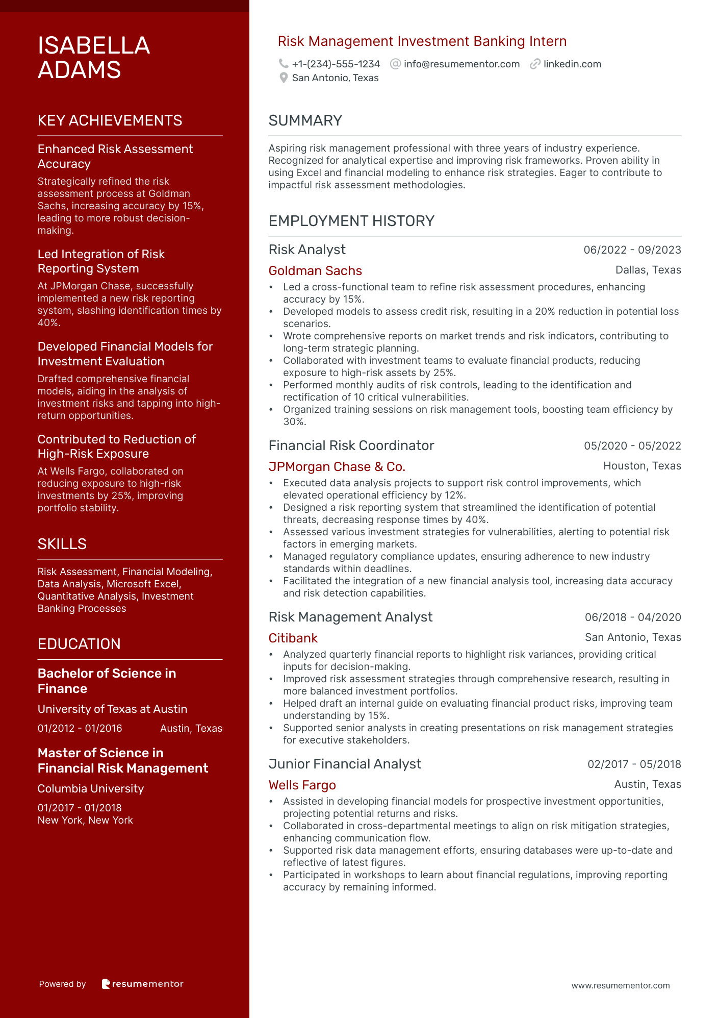 Risk Management Investment Banking Intern