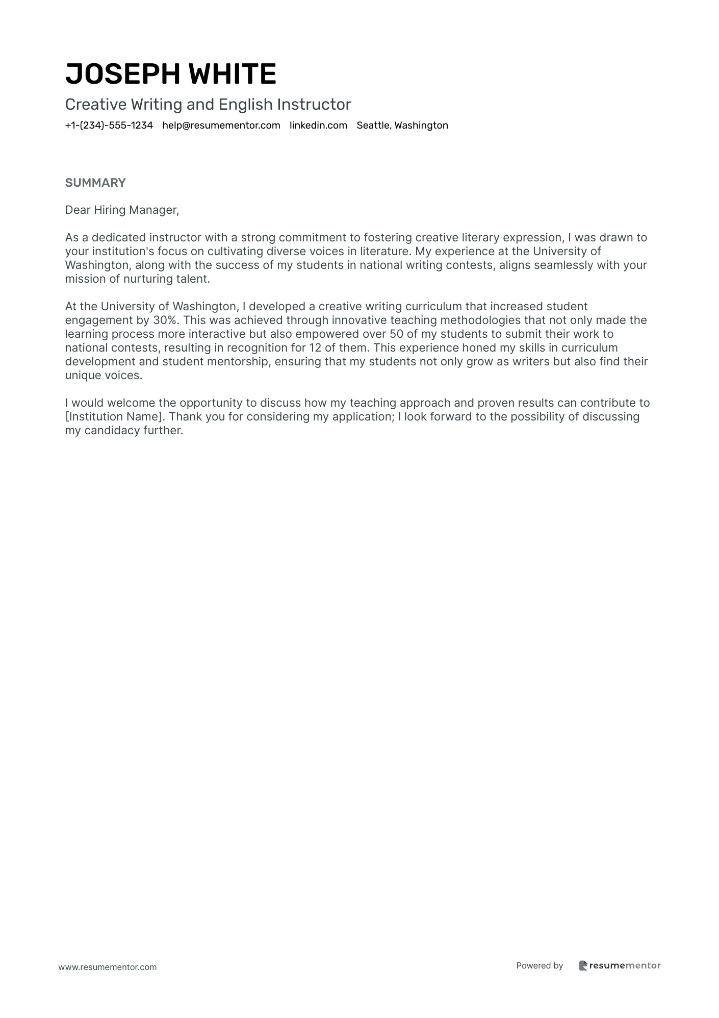 Creative Writing and English Instructor